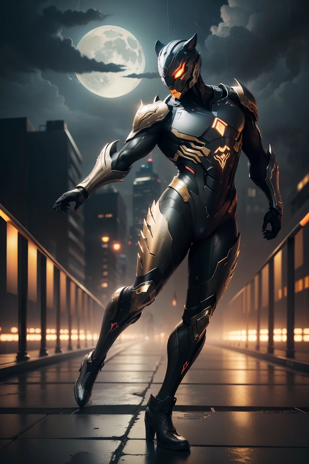 1 Tiger, WARFRAME, intricate pattern, heavy metal, energy lines, faceless, glowing eyes, elegant, intense, blood red and black uniform, solo, modern, city, streets, dark clouds, thunderstorm, heavy rain, dramatic lighting, (masterpiece:1.2), best quality, high resolution, beautiful detailed, extremely detailed, perfect lighting,(full body, (dynamic pose), action pose), (rim lighting, studio lighting, distant moon light, night, bloom), (cinematic, best quality, masterpiece, ultra HD textures, highly detailed, hyper realistic, intricate detail, 8k, photorealistic, concept art, matte painting, autodesk maya, vray render, ray tracing, hdr), (dslr, full frame, 16mm focal length, f/8 aperture, dynamic perspective, dynamic angle, golden ratio, wide photography, wide field of view, deep depth of field, zoom out)
