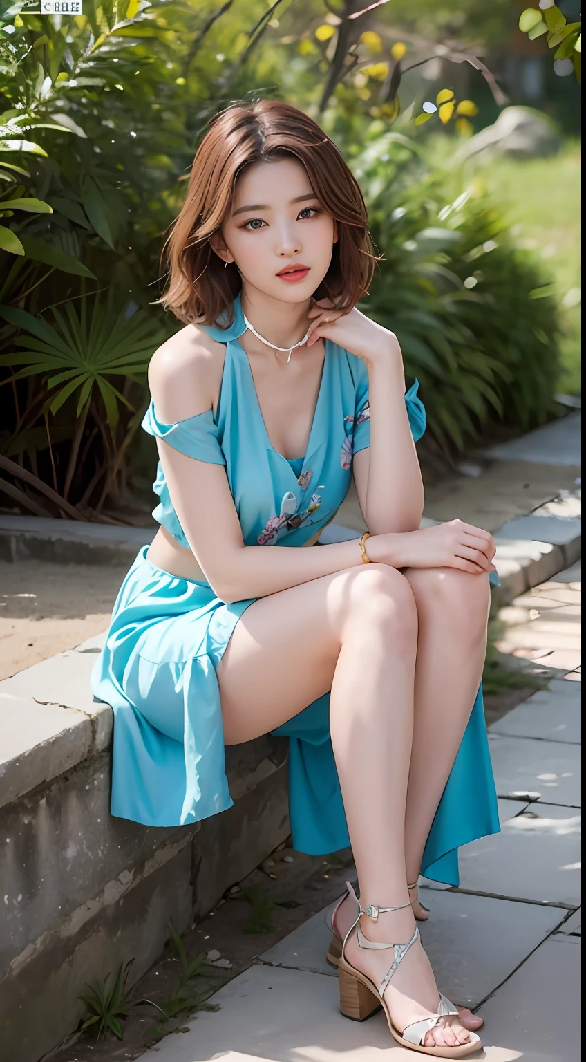 NSFW, 8K Raw photograph, best qualtiy, tmasterpiece, 超高分辨率, filmgrain, cinematic ligh, 1girll, looking at viewert, Natural skin texture, Realistic Eyes and Face Details, full pouty lips, lipsticks, (putting makeup on), Red eyeshadow, Short fluffy hair, messy hair, ssmile, Rejoice, beautifullegs, Tall women, Slim, Slim legs, 独奏, Brustwarzen, glute,Pose for you, Solid color silk skirt, hindquarters, Beautiful natural location, Location of flowers around, (detailedbackground) , Show a little through the shirt, Footwear, vague background, bblurry, halter,, short- sleeved, The ribbon is around the neck, JK ribbon, brown hair, bangle, Eau, By bangs, jewely, parted lip, cparted lips, depth of fields,beachside,zona rural,Printed silk belly pocket,are standing,