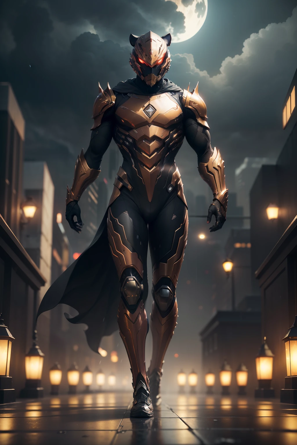 1 Tiger, WARFRAME, intricate pattern, heavy metal, energy lines, faceless, glowing eyes, elegant, intense, blood red and black uniform, solo, modern, city, streets, dark clouds, thunderstorm, heavy rain, dramatic lighting, (masterpiece:1.2), best quality, high resolution, beautiful detailed, extremely detailed, perfect lighting,(full body, (dynamic pose), action pose), (rim lighting, studio lighting, distant moon light, night, bloom), (cinematic, best quality, masterpiece, ultra HD textures, highly detailed, hyper realistic, intricate detail, 8k, photorealistic, concept art, matte painting, autodesk maya, vray render, ray tracing, hdr), (dslr, full frame, 16mm focal length, f/8 aperture, dynamic perspective, dynamic angle, golden ratio, wide photography, wide field of view, deep depth of field, zoom out)
