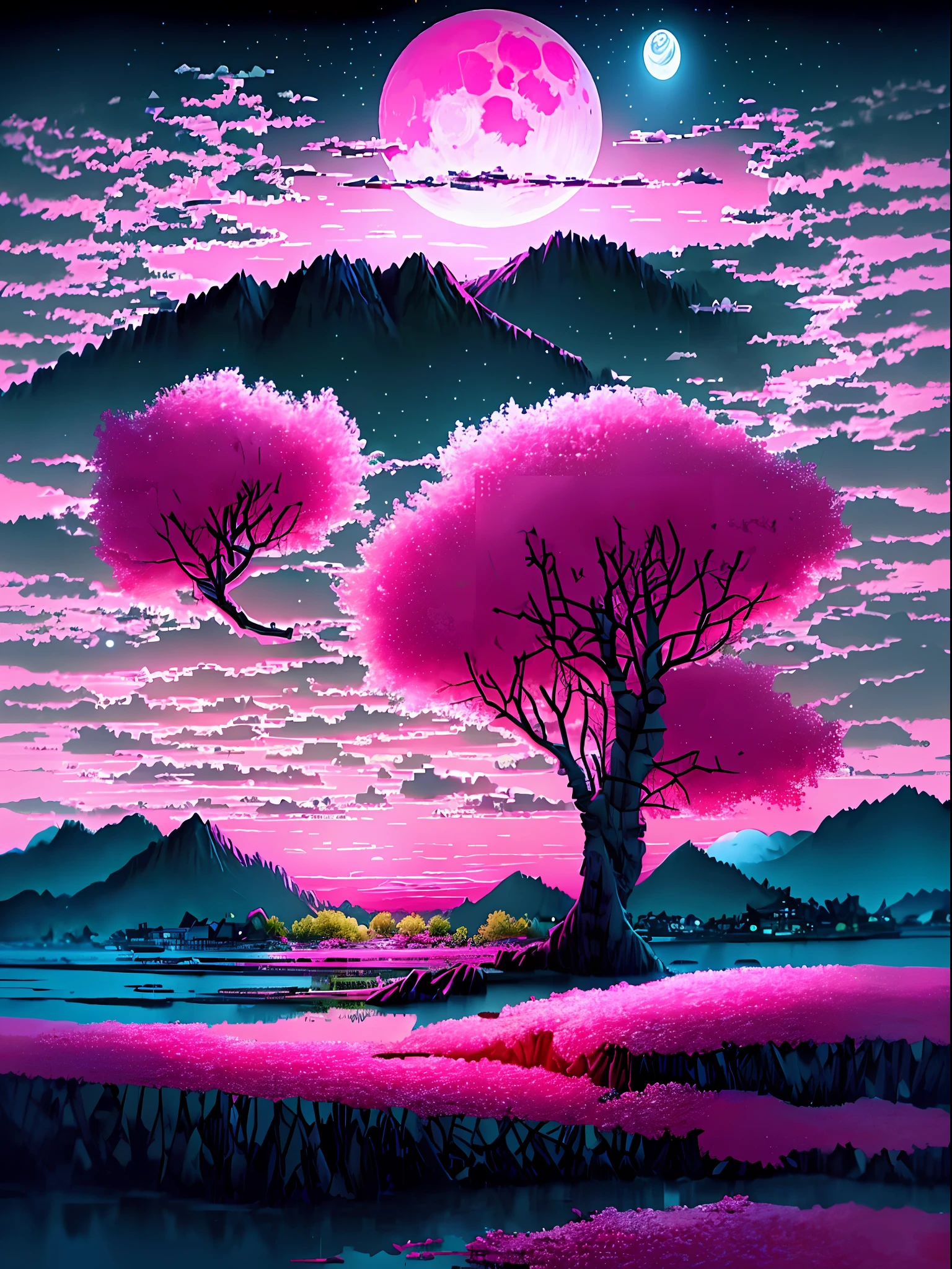 4K，without humans，Soft pink moon，Pale pink sky，Pale pink ocean，dream magical，Pink clouds，lindo cenario，without humans，Highest image quality，Highest high resolution，Super beautiful