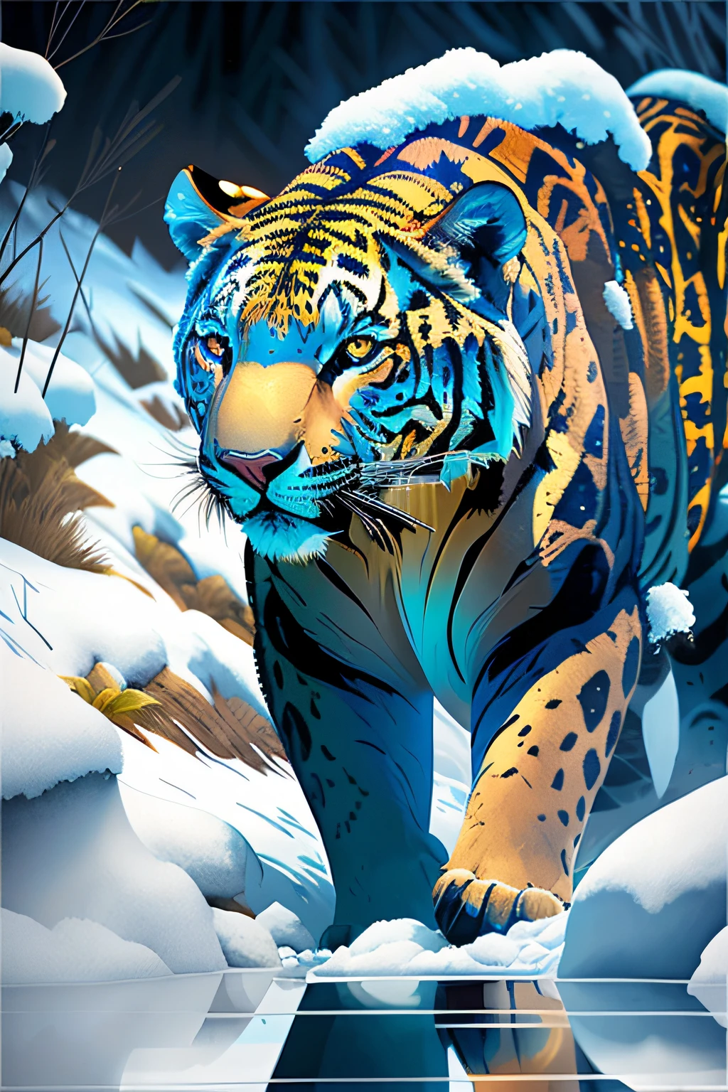 pintura de um tigre andando na neve com um reflexo, kilian eng cores vibrantes, kilian eng cores vibrantes, stunning digital illustration, Directed by: Dahlov Ipcar, Jen Bartel, Martin then, manchado ultra realista, exquisite digital illustration, Directed by: Tim Doyle, arte digital animal foto, intrincada pintura digital, in illustration style digital, arte vetorial altamente detalhada