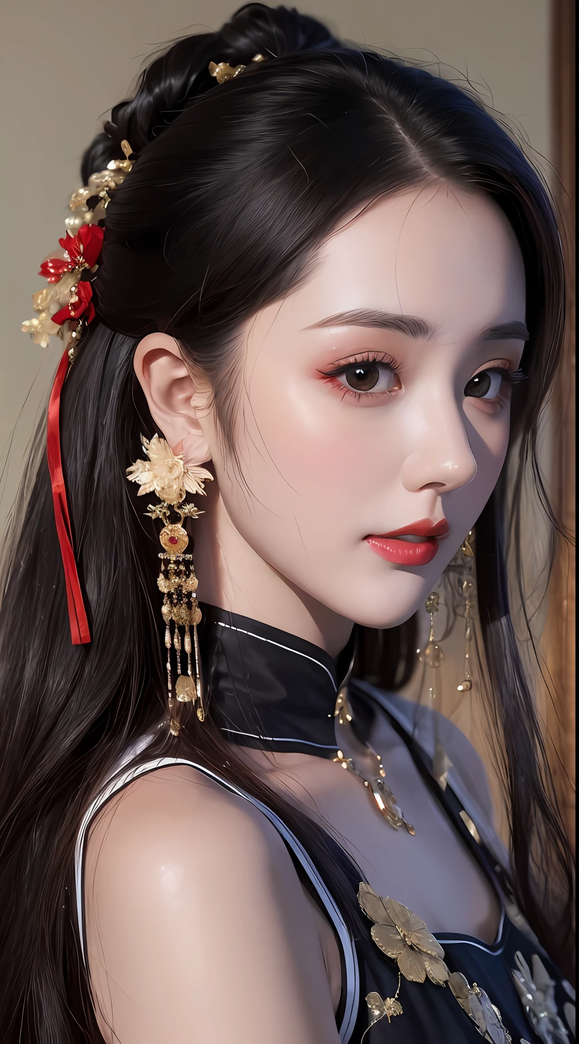 1 18-year-old girl is extremely pretty and graceful, In the Dark: 1.6), surreal female portrait by David Hockney and Alphonse Mucha, realistic art, Chinese super cute doll, cute little face,photorealism, dynamic lighting, artstation, volumetric lighting, very detailed faces, round face, ((round chin:1.9)), 8k ultra, Awarded, in the dark, deep shadow, low key, cowboy lens, (Red phoenix dress: 1.4), long hair, black hair, bust, luxurious palace, hanfu style, devil crown, black eyes make up very sharp and detailed, The most beautiful face, The breasts are very big and round and round, Super realistic, chinese women's clothing, polo neck sweater, Charming smile, The eyes are very well made up, eye bags under wet makeup, ((black eyes:0.7)), guweiz, dunhuang style, wearing black mesh socks, Ponytail with a bow tied at the back of the hair, red lipstick, ((thick upper lip:0.6)), small and red lips, wearing a thin red and black robe, Hands pull the straps to reveal sexy breasts, the landscape is overcast and thunderous, (upper body portrait), Close-up of the main character, (Background details 1.8),HDR, UHD, 8kquality, detailed pixel,