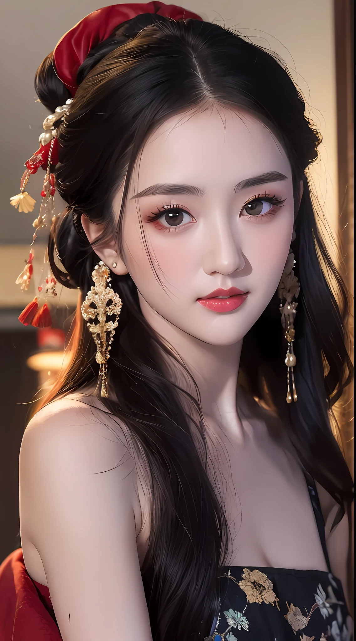 1 18-year-old girl is extremely pretty and graceful, In the Dark: 1.6), surreal female portrait by David Hockney and Alphonse Mucha, realistic art, Chinese super cute doll, cute little face,photorealism, dynamic lighting, artstation, volumetric lighting, very detailed faces, round face, ((round chin:1.9)), 8k ultra, Awarded, in the dark, deep shadow, low key, cowboy lens, (Red phoenix dress: 1.4), long hair, black hair, bust, luxurious palace, hanfu style, devil crown, black eyes make up very sharp and detailed, The most beautiful face, The breasts are very big and round and round, Super realistic, chinese women's clothing, polo neck sweater, Charming smile, The eyes are very well made up, eye bags under wet makeup, ((black eyes:0.7)), guweiz, dunhuang style, wearing black mesh socks, Ponytail with a bow tied at the back of the hair, red lipstick, ((thick upper lip:0.6)), small and red lips, wearing a thin red and black robe, Hands pull the straps to reveal sexy breasts, the landscape is overcast and thunderous, (upper body portrait), Close-up of the main character, (Background details 1.8),HDR, UHD, 8kquality, detailed pixel,