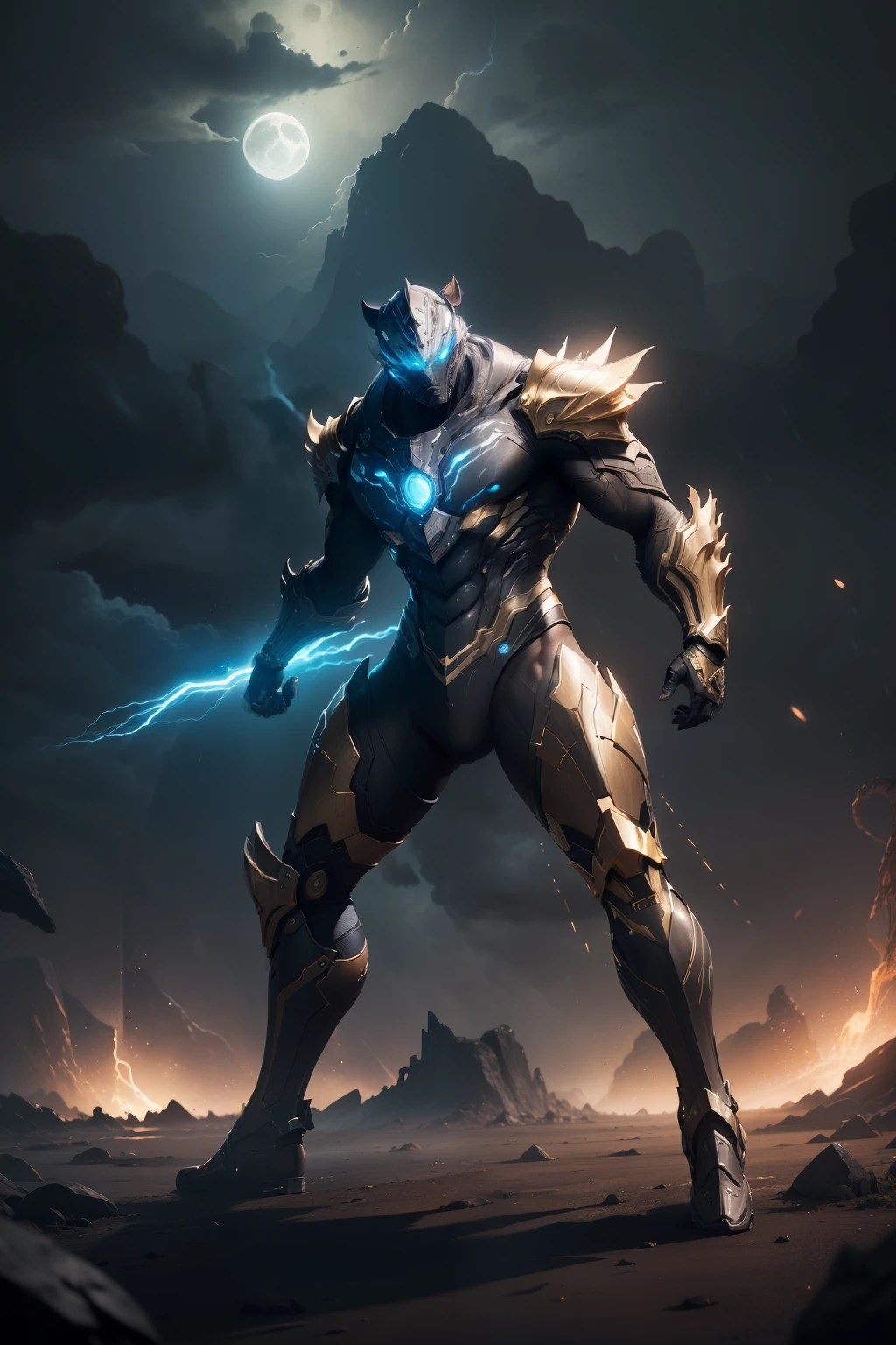 1 Tiger, WARFRAME, intricate pattern, heavy metal, energy lines, faceless, glowing eyes, elegant, intense, blue, solo, jungle, dark clouds, thunderstorm, heavy rain, dramatic lighting, (masterpiece:1.2), best quality, high resolution, beautiful detailed, extremely detailed, perfect lighting,(full body, (dynamic pose), action pose), (rim lighting, studio lighting, distant moon light, night, bloom), (cinematic, best quality, masterpiece, ultra HD textures, highly detailed, hyper realistic, intricate detail, 8k, photorealistic, concept art, matte painting, autodesk maya, vray render, ray tracing, hdr), (dslr, full frame, 16mm focal length, f/8 aperture, dynamic perspective, dynamic angle, golden ratio, wide photography, wide field of view, deep depth of field, zoom out)