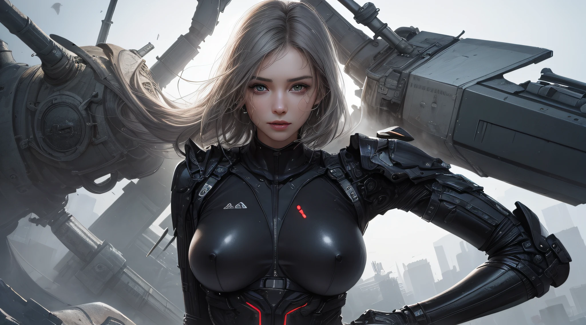 Losing portrait of woman in wetsuit with big gun, smooth digital concept art, an oppai cyberpunk, glossy wet skin!!, biomechanical oppai, Painted in high resolution, wet shiny skin, 8k high quality detailed art, [ 4 k digital art ]!!, Very detailed ArtGerm, rendered in sfm, fanart best artstation(Very cute woman gets futuristic cyberpunk hotel bodysuit completely torn sexy、Perfect body-wide coverage))。Afro Curly Black Medium Length Hair、a picture、​masterpiece、top-quality、Dark gray background、((1 Girl Glen's eyes and gorgeous light gray hair、Beautiful perfect face、juicy lips、de pele branca))。Sexy ass soft breasts and white skin、Bimbo lips、Beautiful Caucasian woman in T pose。long legged((perfect chest:1.4))、((Very soft breasts))、hyperdetailed face、A detailed eye。Inside the city at night。(((she is soaking wet)))、Her clothes are torn、Damaged、Skin exposed、White substance and water running down her body、Nipple areola exposed、Underwear is slipping off、Metamorphosis、Sexy Pornstar Pose、Have a futuristic sniper gun、Holding a gun