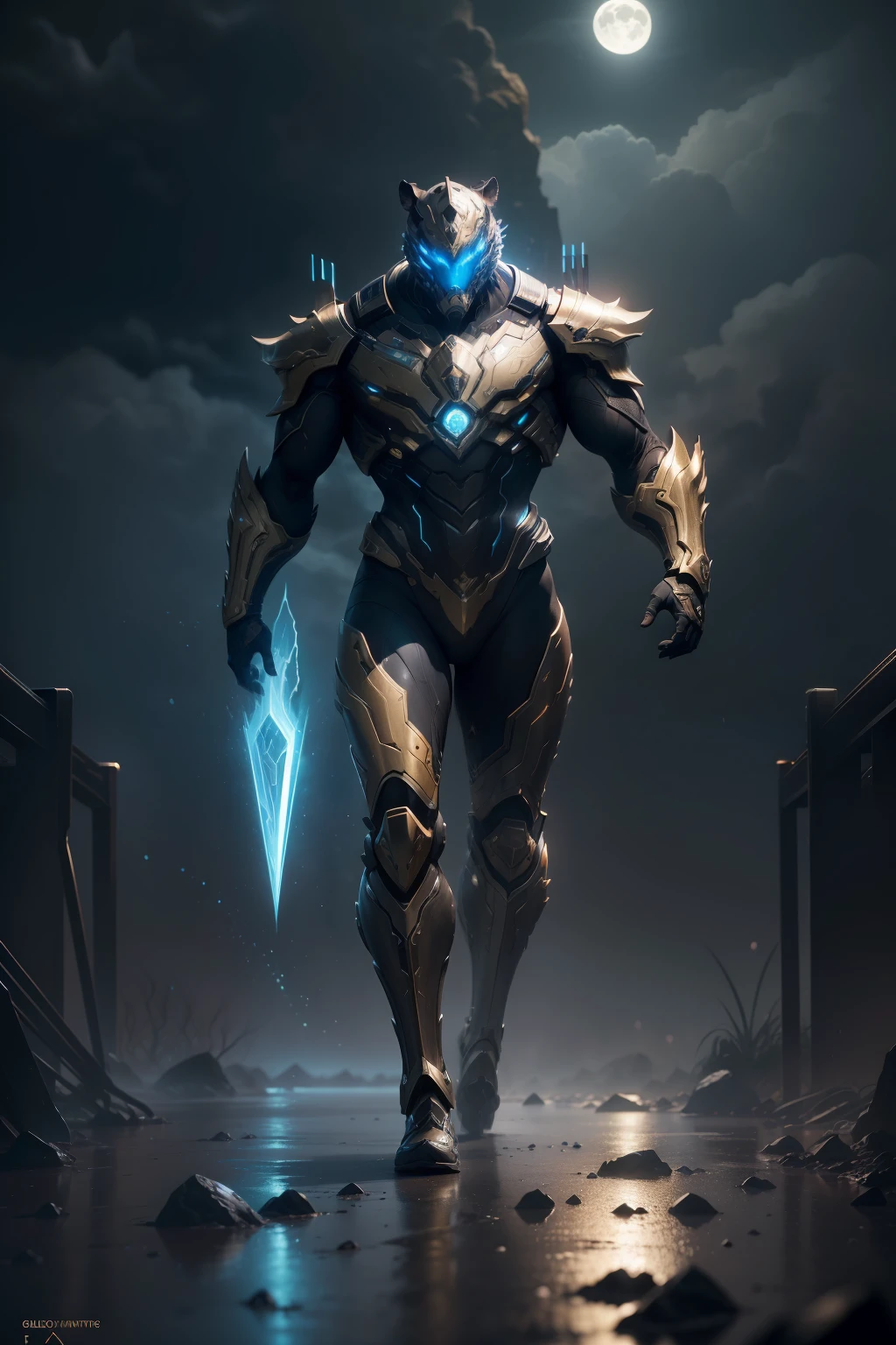 1 Tiger, WARFRAME, intricate pattern, heavy metal, energy lines, faceless, glowing eyes, elegant, intense, blue, solo, jungle, dark clouds, thunderstorm, heavy rain, dramatic lighting, (masterpiece:1.2), best quality, high resolution, beautiful detailed, extremely detailed, perfect lighting,(full body, (dynamic pose), action pose), (rim lighting, studio lighting, distant moon light, night, bloom), (cinematic, best quality, masterpiece, ultra HD textures, highly detailed, hyper realistic, intricate detail, 8k, photorealistic, concept art, matte painting, autodesk maya, vray render, ray tracing, hdr), (dslr, full frame, 16mm focal length, f/8 aperture, dynamic perspective, dynamic angle, golden ratio, wide photography, wide field of view, deep depth of field, zoom out)