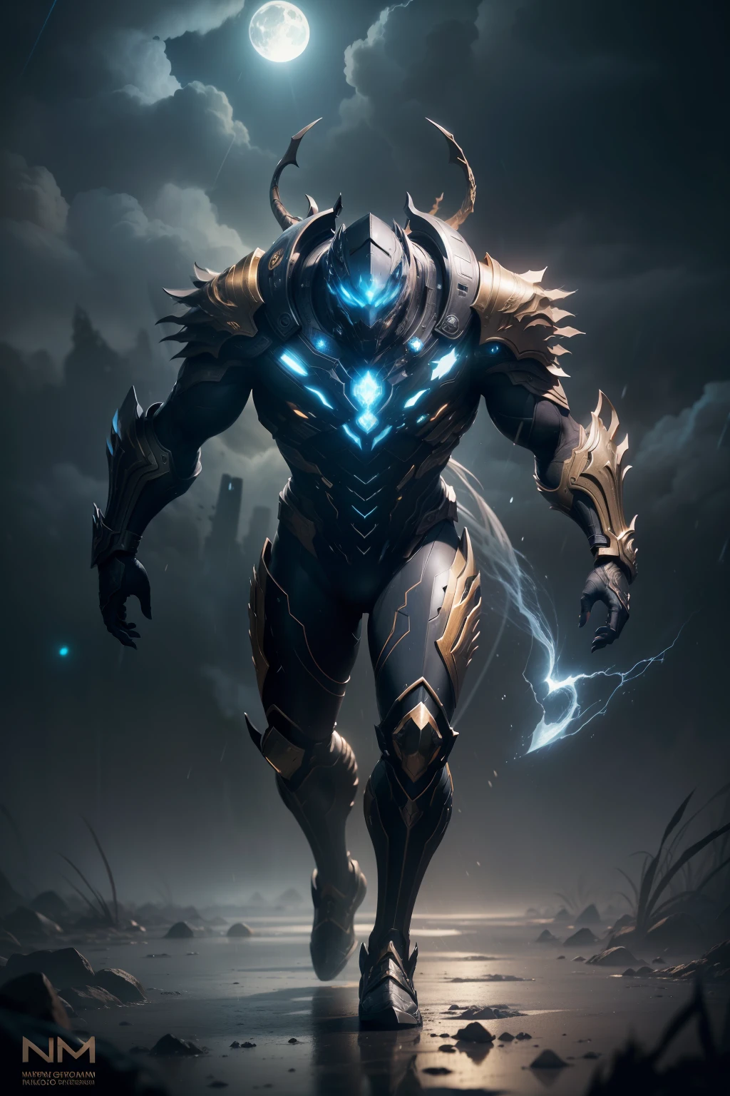 1 Tiger, WARFRAME, intricate pattern, heavy metal, energy lines, faceless, glowing eyes, elegant, intense, blue, solo, jungle, dark clouds, thunderstorm, heavy rain, dramatic lighting, (masterpiece:1.2), best quality, high resolution, beautiful detailed, extremely detailed, perfect lighting,(full body, (dynamic pose), action pose), (rim lighting, studio lighting, distant moon light, night, bloom), (cinematic, best quality, masterpiece, ultra HD textures, highly detailed, hyper realistic, intricate detail, 8k, photorealistic, concept art, matte painting, autodesk maya, vray render, ray tracing, hdr), (dslr, full frame, 16mm focal length, f/8 aperture, dynamic perspective, dynamic angle, golden ratio, wide photography, wide field of view, deep depth of field, zoom out)