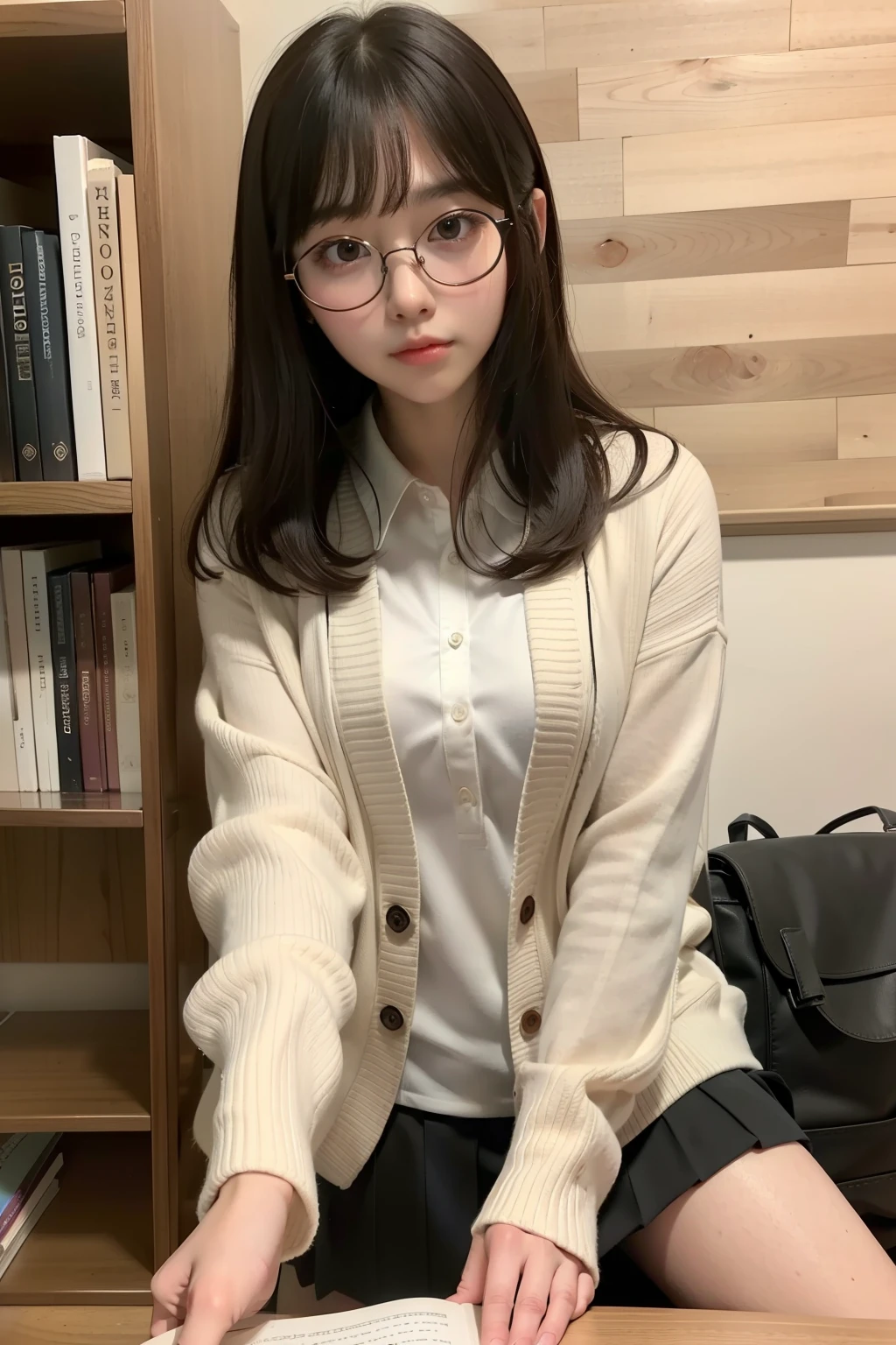 Photo Real、photoRealstic Dark hair、bangss drooing eyes、with round face、The contours of the face are round、Plump cheeks、small mouth、a eye glasses、Round glasses、Big glasses、Black-rimmed glasses、Beige cardigan、Beige skirt、Sheer inner School teacher、30-years old、japanes、tiny body、Young Face、Soft thighs Faces close、Face Close-up、Close distance、Staring at this、Leaning against the bookshelf、Blushing、Adult Poses Background with、bookcase、Timber wall、wood floor、Dark place