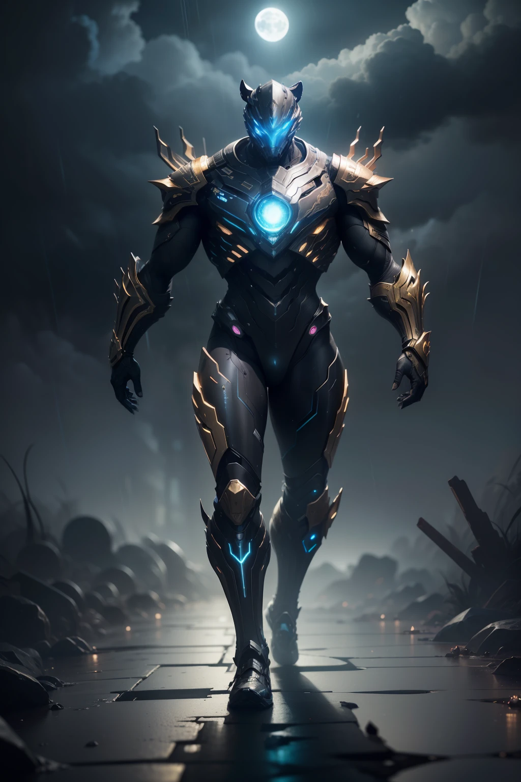 1 Tiger, WARFRAME, intricate pattern, heavy metal, energy lines, faceless, glowing eyes, elegant, intense, blue, solo, jungle, dark clouds, thunderstorm, heavy rain, dramatic lighting, (masterpiece:1.2), best quality, high resolution, beautiful detailed, extremely detailed, perfect lighting,(full body, (dynamic pose), action pose), (rim lighting, studio lighting, distant moon light, night, bloom), (cinematic, best quality, masterpiece, ultra HD textures, highly detailed, hyper realistic, intricate detail, 8k, photorealistic, concept art, matte painting, autodesk maya, vray render, ray tracing, hdr), (dslr, full frame, 16mm focal length, f/8 aperture, dynamic perspective, dynamic angle, golden ratio, wide photography, wide field of view, deep depth of field, zoom out)