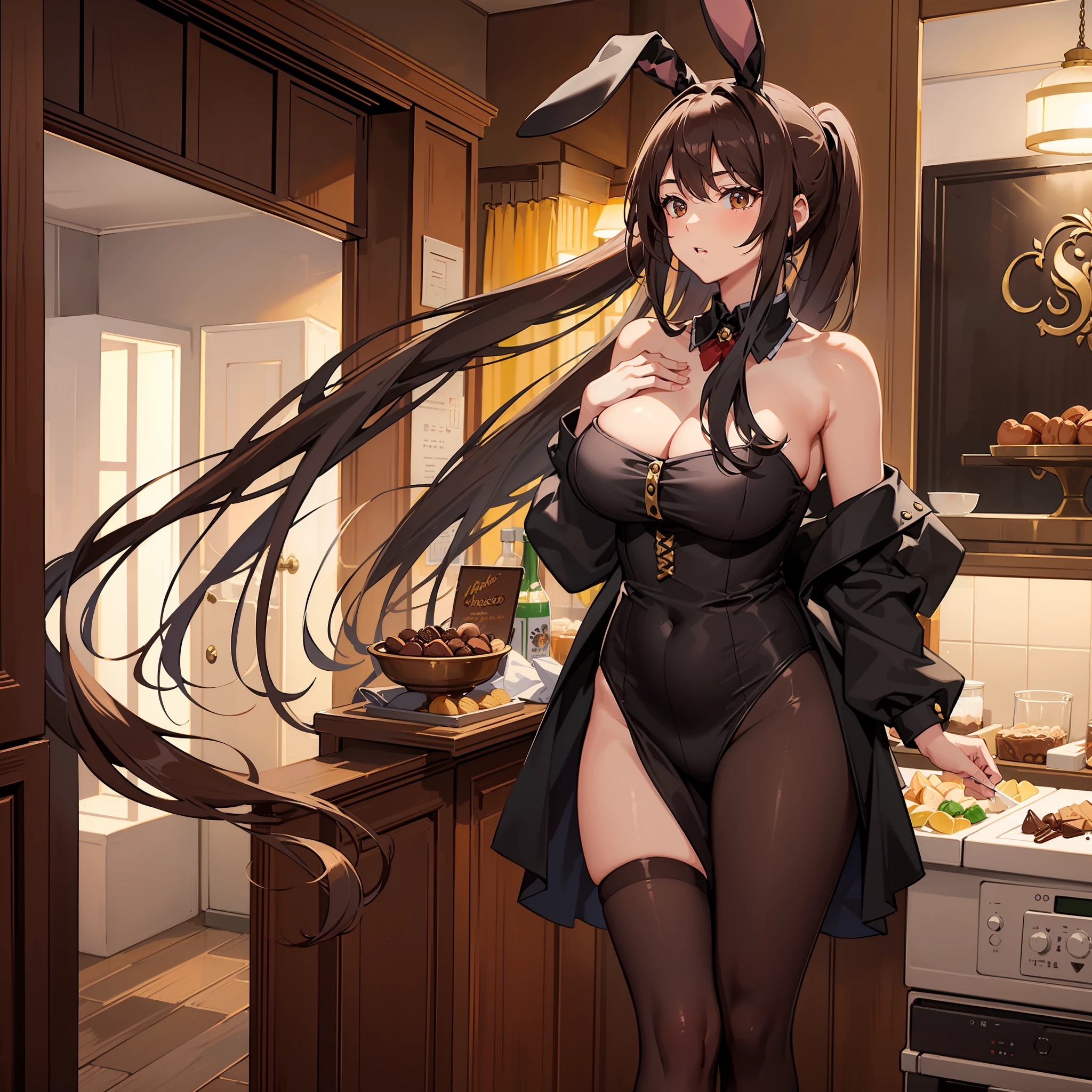 Masterpiece, Best quality, A high resolution, A high school girl wears a long ponytail,Chocolate colored hair,Dressed as a brown bunny girl,Slim figure,Breasts are plump