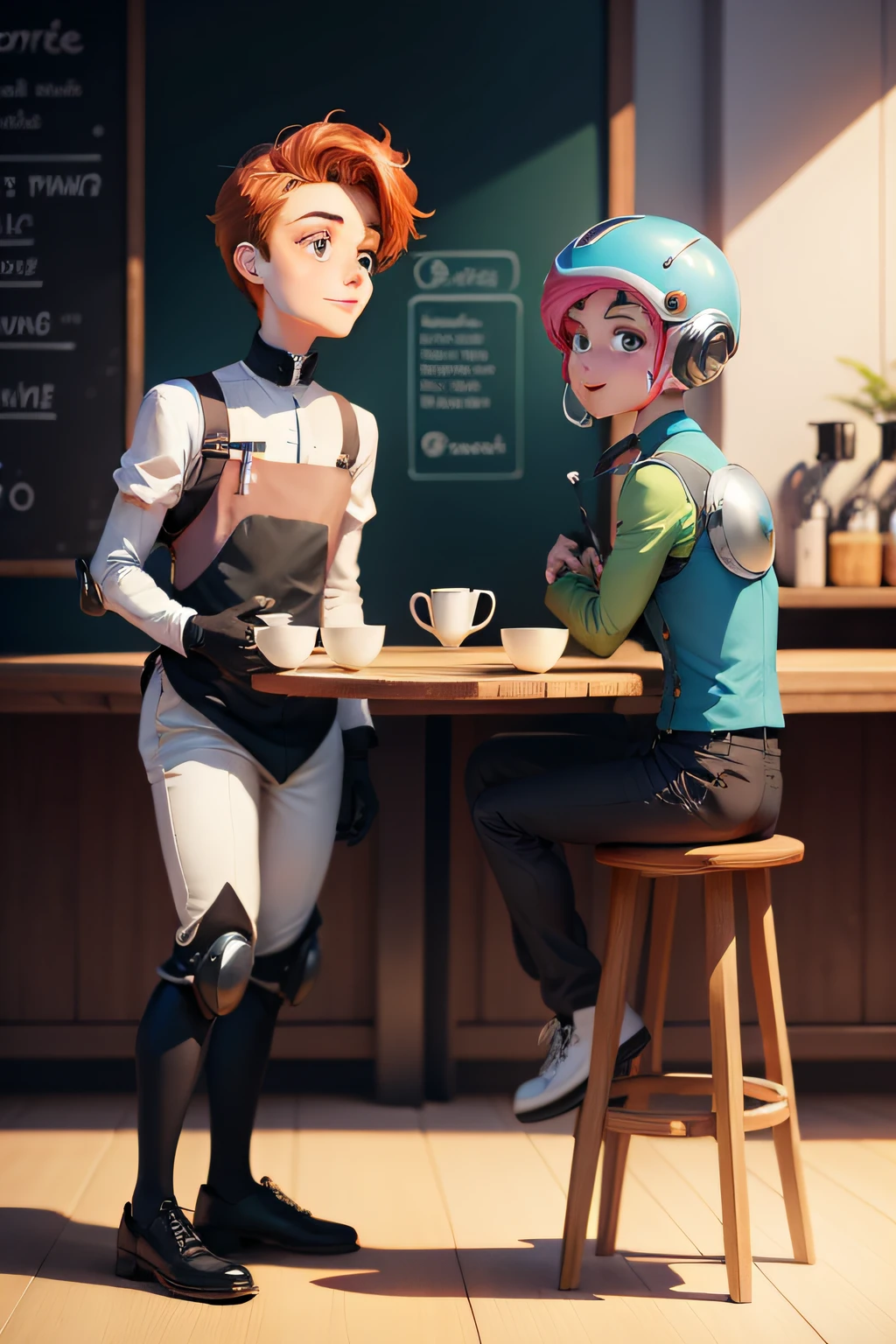 Two café robot waiters,Cartoon illustration,The picture is colorful