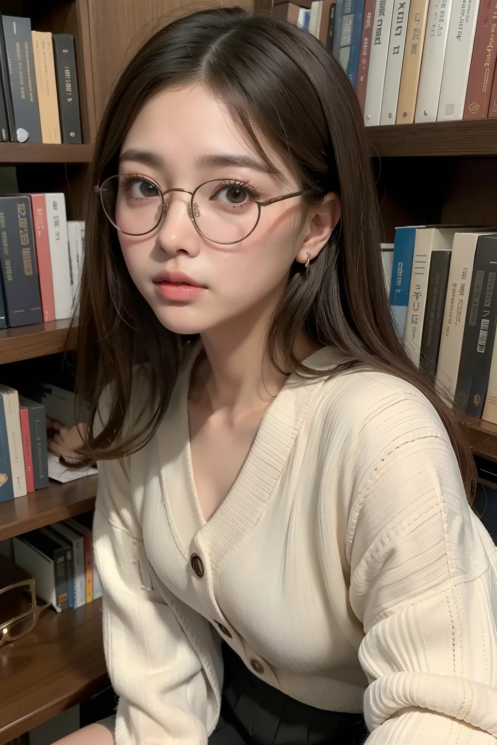 Photo Real、photoRealstic Dark hair、bangss drooing eyes、with round face、The contours of the face are round、Plump cheeks、small mouth、a baby face eye glasses、Round glasses、Big glasses、Black-rimmed glasses、Beige cardigan、Beige skirt、Sheer inner School teacher、30-years old、japanes、tiny body、Young Face、Soft thighs Faces close、Face Close-up、Close distance、Staring at this、Leaning against the bookshelf、Blushing、Adult Poses Background with、bookcase、Timber wall、wood floor、Dark place