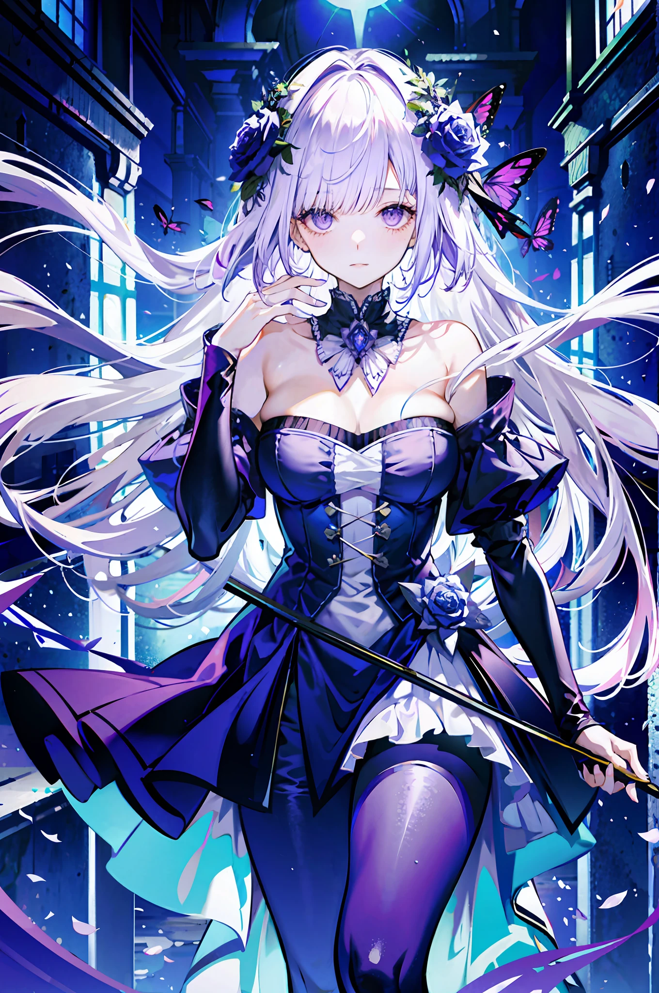 silber hair,butterflys,long whitr hair,8k wallpaper,detailedbackground,Highest high resolution,deep v big breasts,Hair covers one eye,Bandeau,Church background,Purple roses,tight-fitting,themoon,