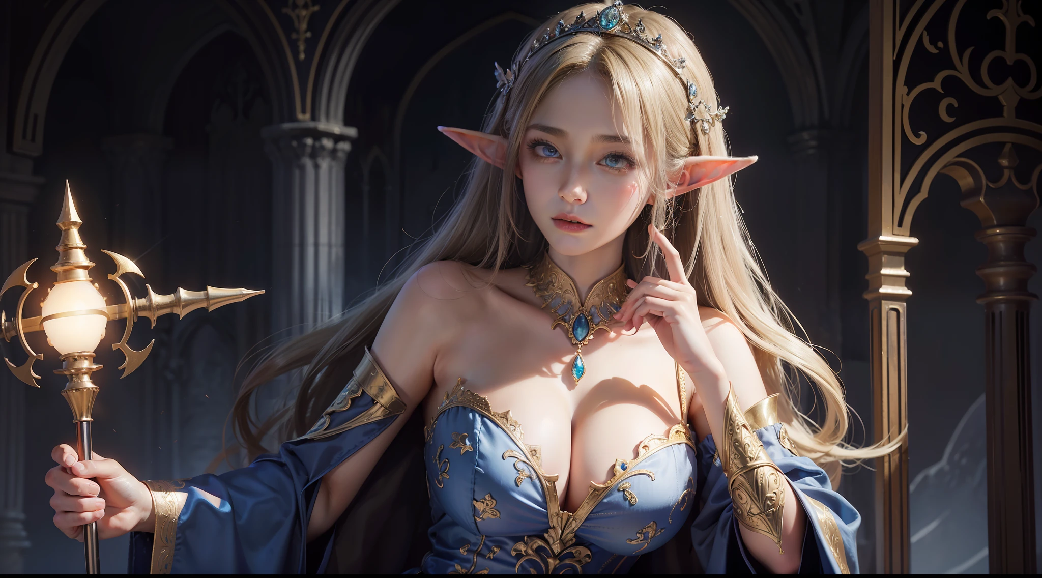 (Award-winning digital artwork:1.3) af (sketching:1.3),(with dynamism:1.aturation:1.3),(Close portrait:1.3),(femele:1.4),(big btiful: 1.4),(carismatic:1.3),Female elf,magnificent robe,Complex patterns,Perfect Detailed Eyes,The background is the castle,Large breasts,Film filramatics,dynamicposes,illusory engine, (High detail: 1.9),mystic symbols,((Glowing scepter))
