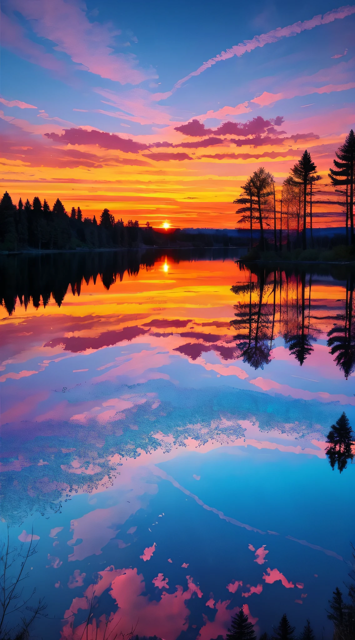 there is a beautiful sunset with a lake and trees in the background, colorful skies, surreal colors, colorful sunset, colorful sky, marvellous reflection of the sky, stunning sky, dream like atmosphere 8k, colorful clouds, colors reflecting on lake, surreal sky, red and blue reflections, fire reflection, beautiful sky, beautiful and spectacular dusk, beautiful dreamy landscape, amazing sky