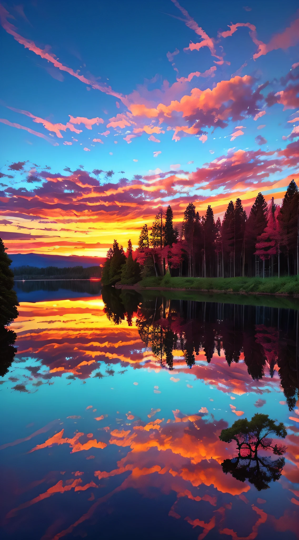there is a beautiful sunset with a lake and trees in the background, colorful skies, surreal colors, colorful sunset, colorful sky, marvellous reflection of the sky, stunning sky, dream like atmosphere 8k, colorful clouds, colors reflecting on lake, surreal sky, red and blue reflections, fire reflection, beautiful sky, beautiful and spectacular dusk, beautiful dreamy landscape, amazing sky