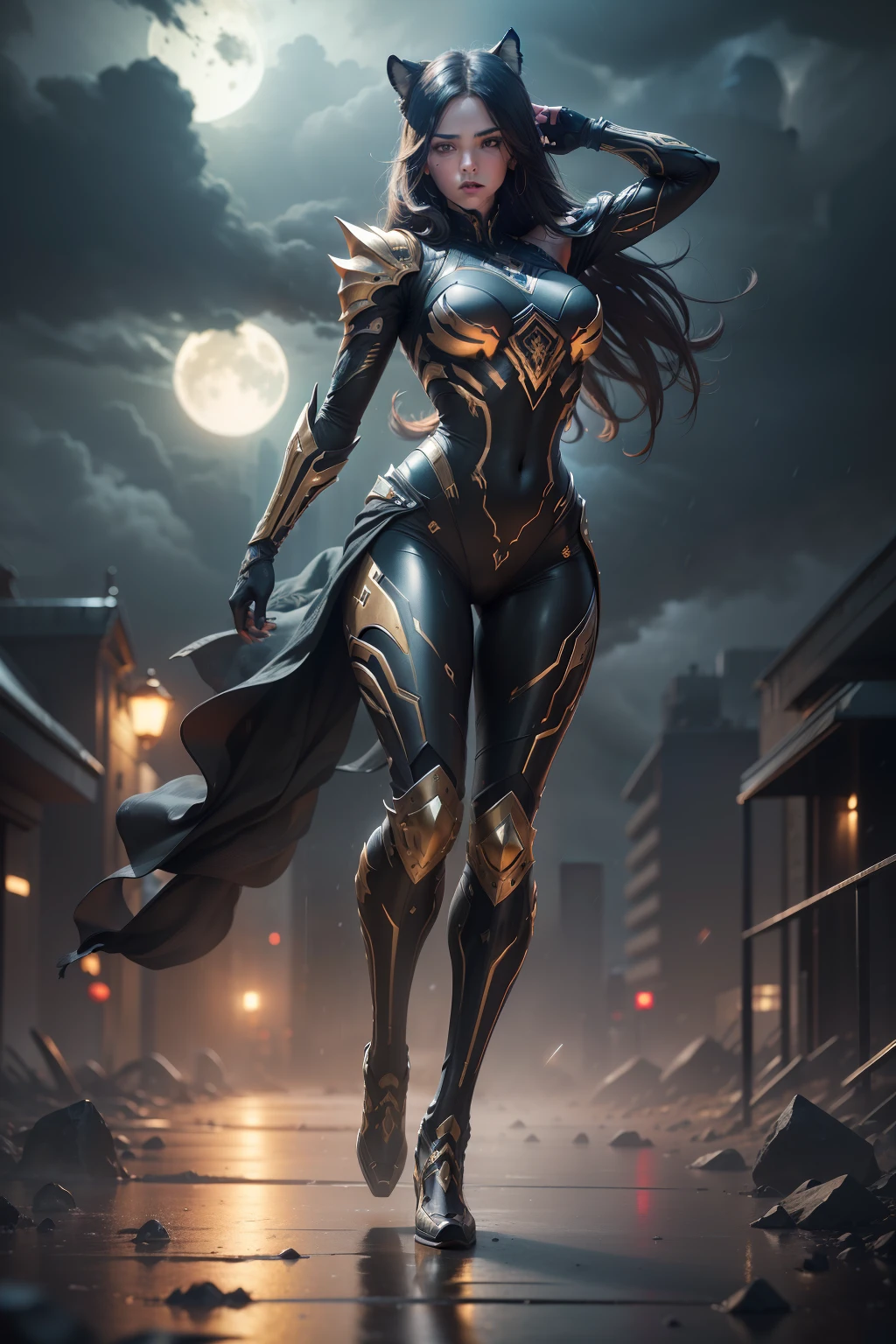 1 Tiger, WARFRAME, intricate pattern, energy lines, faceless, glowing eyes, elegant, intense, blood red and black uniform, solo, modern, city, streets, dark clouds, thunderstorm, heavy rain, dramatic lighting, (masterpiece:1.2), best quality, high resolution, beautiful detailed, extremely detailed, perfect lighting,(full body, (dynamic pose), action pose), (rim lighting, studio lighting, distant moon light, night, bloom), (cinematic, best quality, masterpiece, ultra HD textures, highly detailed, hyper realistic, intricate detail, 8k, photorealistic, concept art, matte painting, autodesk maya, vray render, ray tracing, hdr), (dslr, full frame, 16mm focal length, f/8 aperture, dynamic perspective, dynamic angle, golden ratio, wide photography, wide field of view, deep depth of field, zoom out)