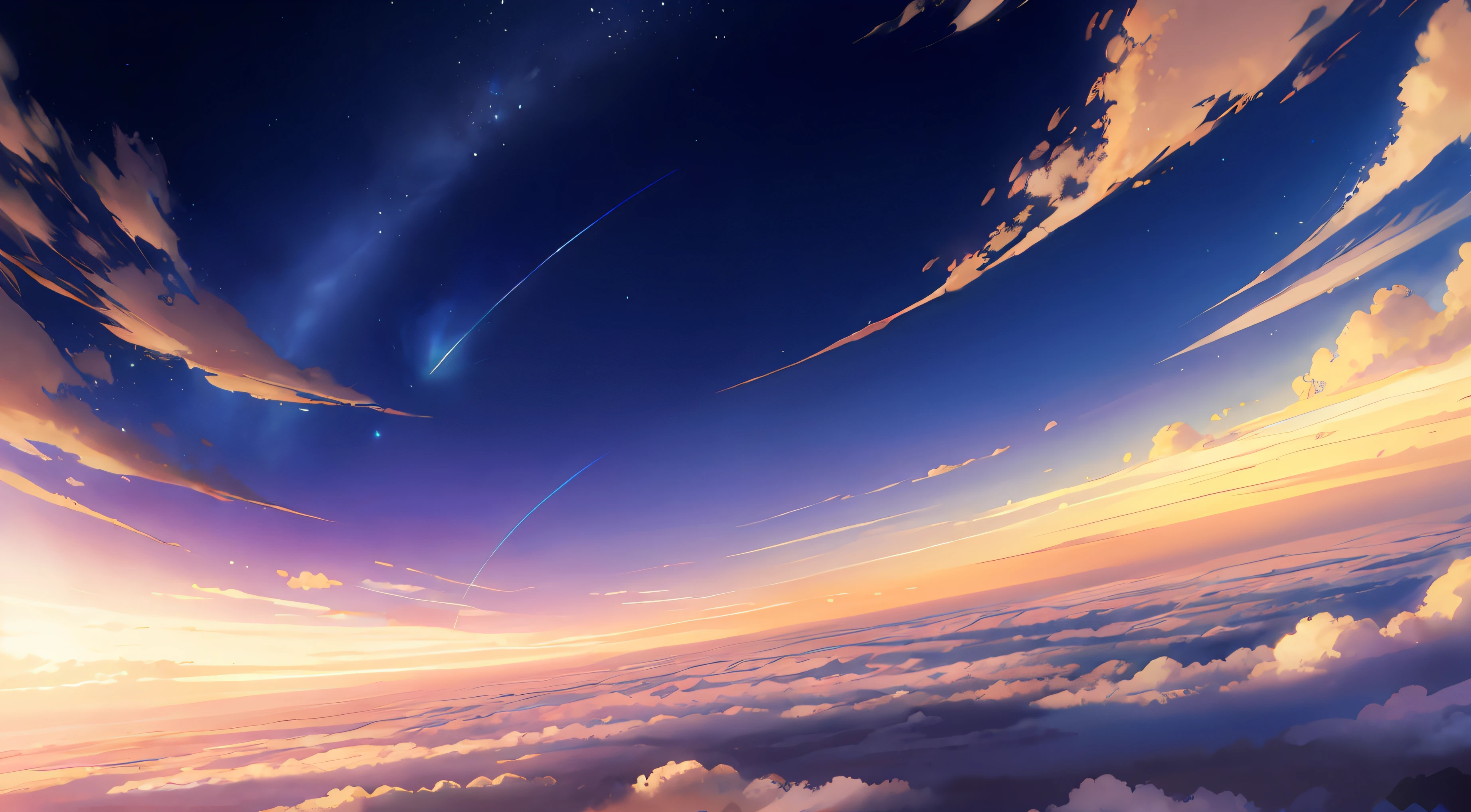 A view of a sky with a shooting star in the distance, Ciels cosmiques. Par Makoto Shinkai, Anime Sky, Shooting star in the background, Papier peint incroyable, Planet in the sky, High-quality desktop wallpaper, beau papier peint, Shooting Star, Ciel spatial, anime beautiful scene of peace, Terre dans le ciel, 4k anime wallpaper, anime landscape wallpaper, Space atmosphere