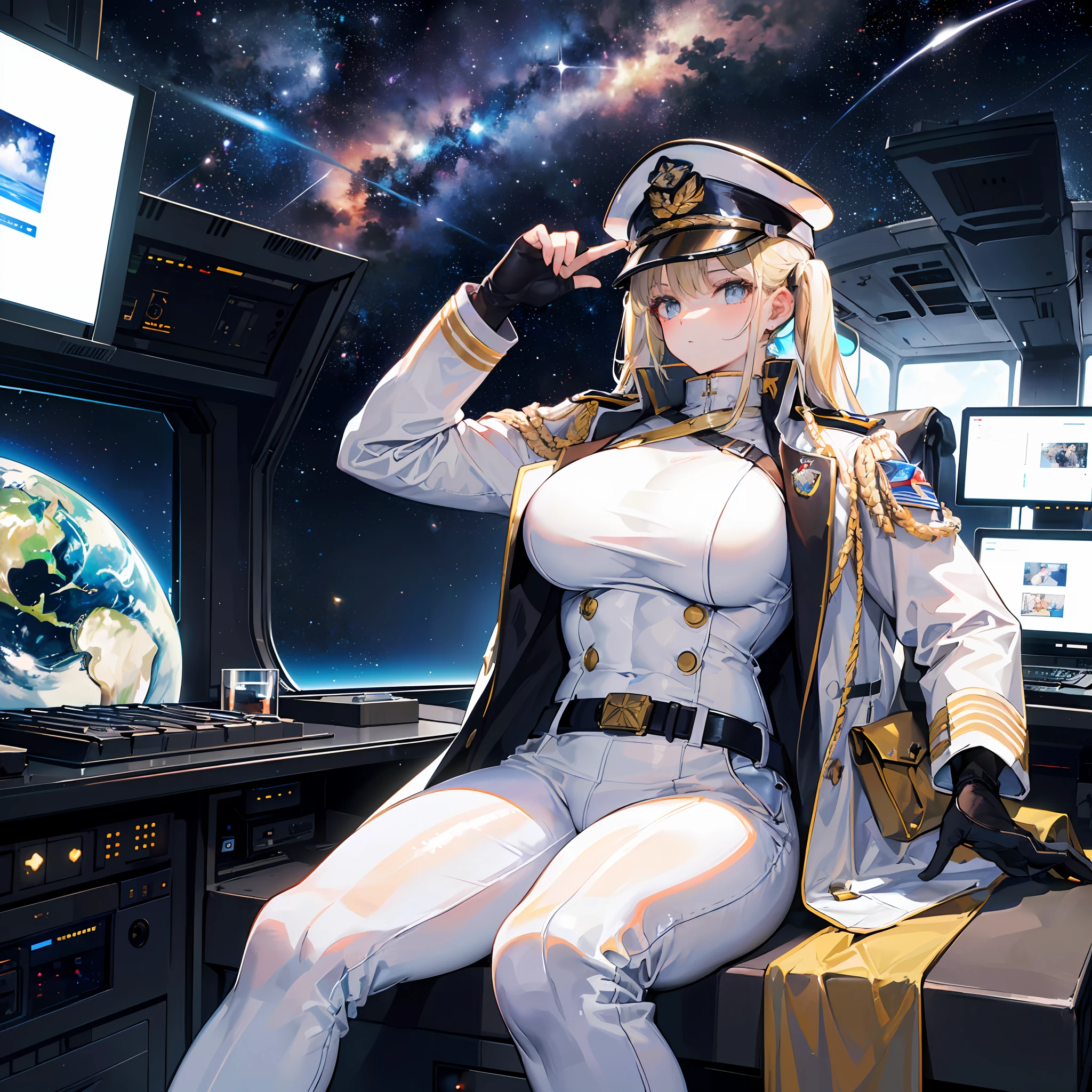 ((Masterpiece)), ((Highest Image Quality)), (((Best Quality)), (Illustration of One Girl), Full Body, 25 Years Old, (Neutral)), ((Blonde Twin Tails)), Light Golden Eyes, (Tall)), (Muscular Strong Body)), ((Muscular and Thick Body)), ((Muscular and Thick Arms)), ((Muscular and Thick Legs)), (Manspreading)), Open Legs, (((Army Uniform)), (Army Hat)), (((Army Coat)), (white clothes), (white pants), (white hat), trench coat, ((inside the spaceship, sitting in the captain's seat)), (outside the window, space, Earth seen from space, spaceport)