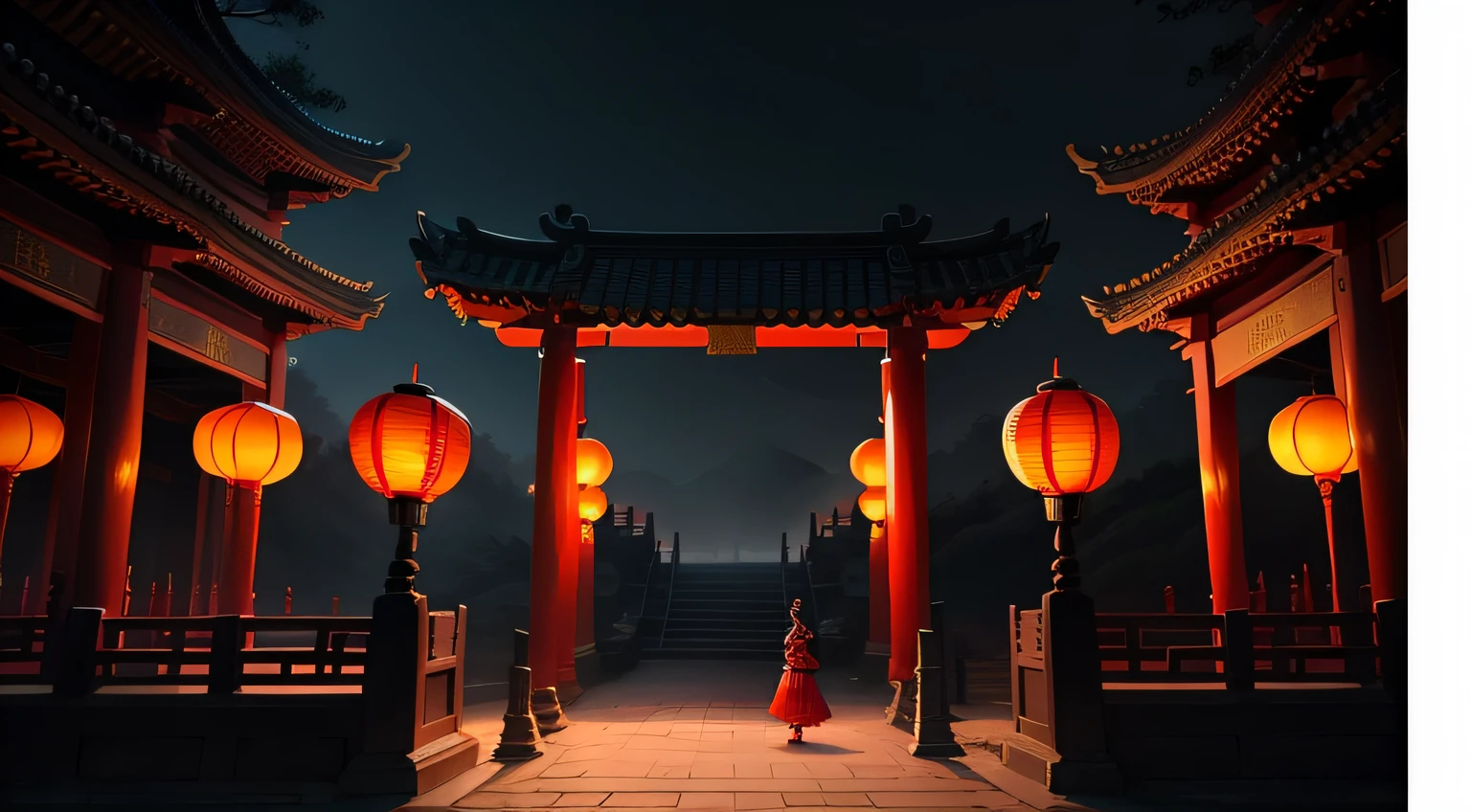 There is a background picture of the ancient temple of Liaozhai,There are Chinese banshees in costume,Back Shadow,There are Chinese red lanterns,There are trees,There is grass,Ghastly,the night,Focus on the background,Characters should be small,Banshees want to be enchanting