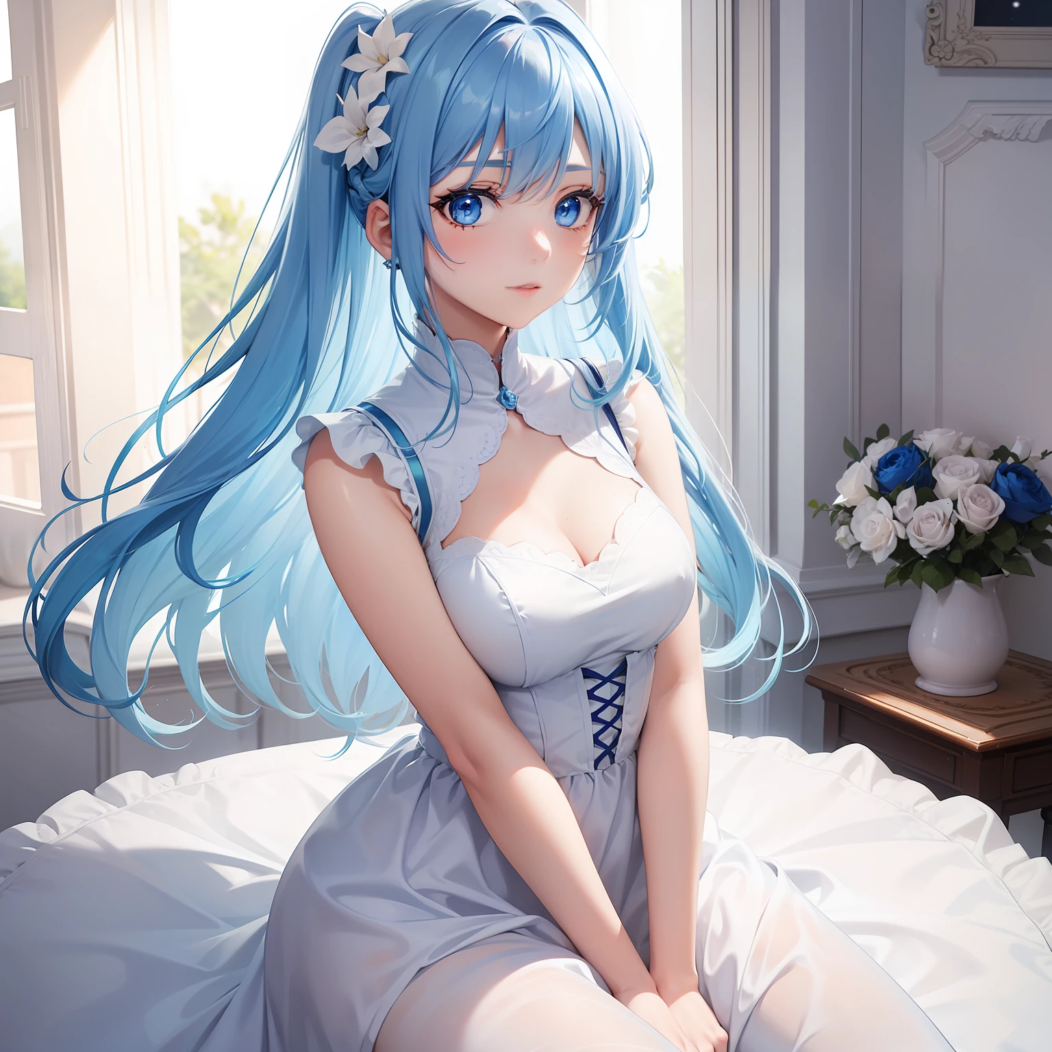 a women, blue hair, blue eyes, white dress