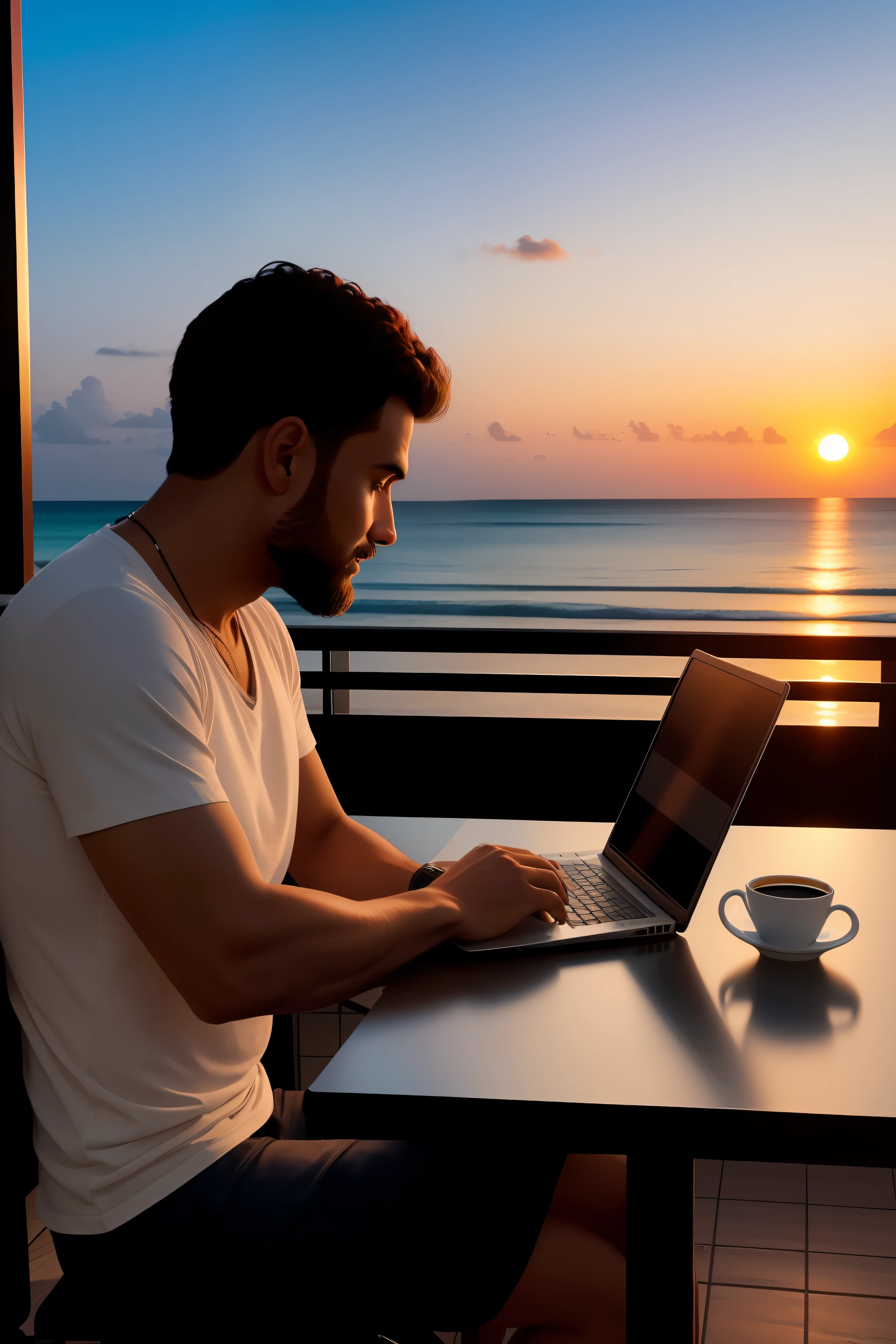 Man sitting at a table with a cup of coffee, sentado em frente ao computador, usando seu laptop, programador python, code, trabalho remoto, Paradisiacal place, praia, sunset, luxo, conforto