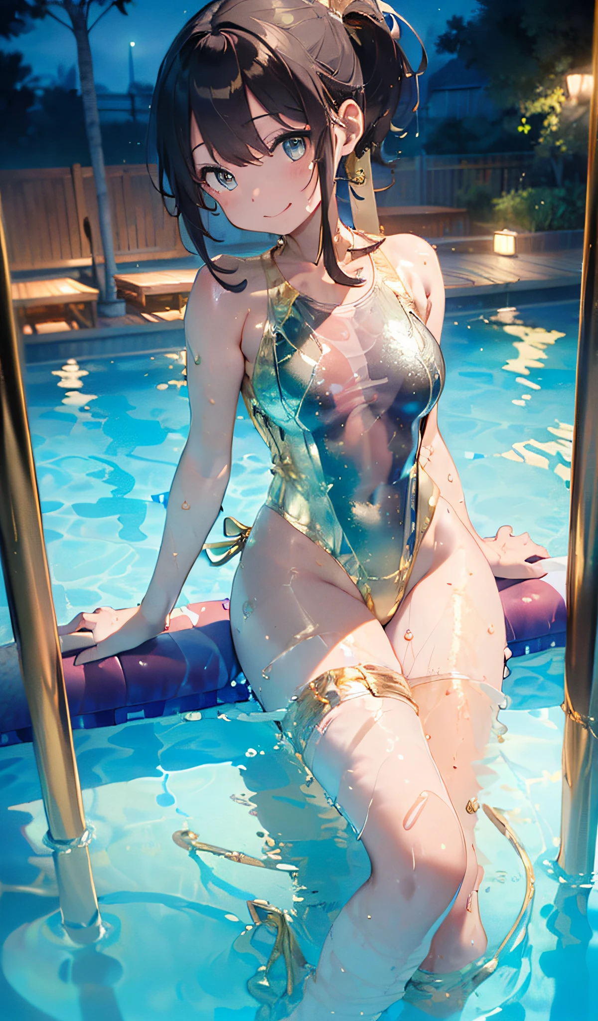 (Master masterpiece:2)、(((extremely fine and beautiful)))、(((The ultra -The high-definition)))、(16k UHD:2)、(Wet woman:1)、(Sheer Enamel Gold Swimsuit:2)、（Metallic Pantyhose:1.6）、(medium large breasts)、(Transparent skin:1.6)、(Long ponytail hair:1.8)、(Beautiful eyes:1.8)、、(Nominal body type)、(Glamorous:1.4)、(musculature:1.4)、(Thin thighs:1.6）、(Thin leg:1.6)、(A smile)、perfectly proportions，Correct anatomy、Good anatomy、(Correctly drawn limbs:1.6)、(Poolside at night:1.4)、(sit pose:1)、Dynamic Angle、  (luminism),