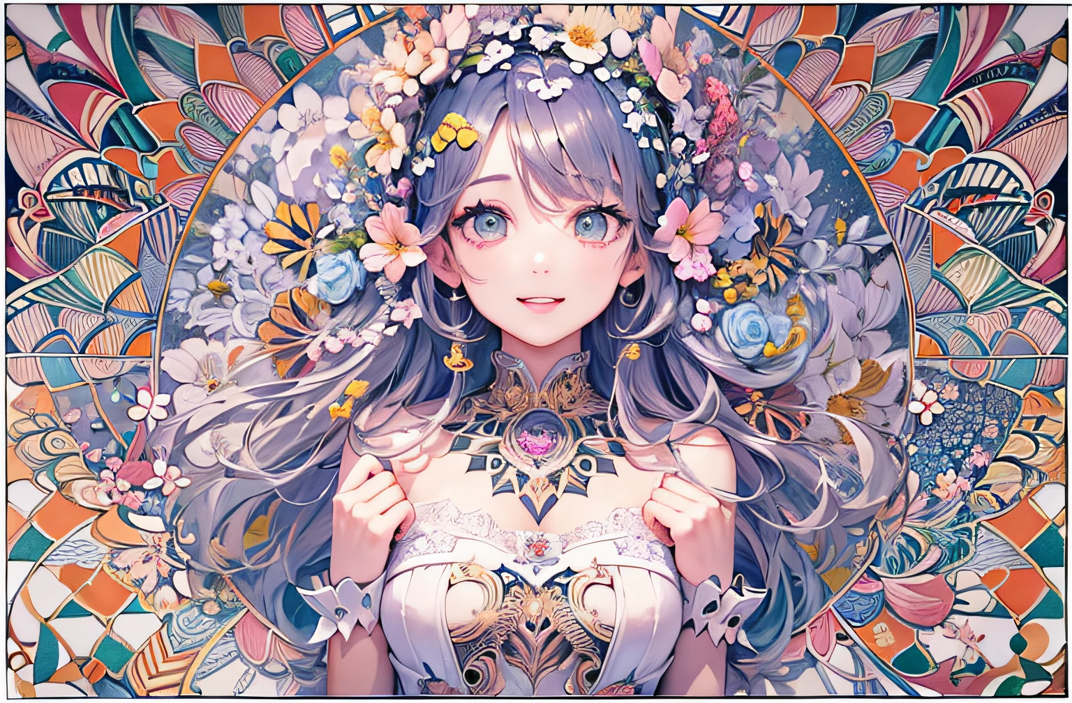 (super top quality)、top-quality、absurderes、Top resolution、hight resolution、8K、Good anatomy、ultra-detailliert、Hyper-detailing、(Ultra detailed backgrounds、detailedbackground)、ighly detailed、twin sisters、Calm tones、(Top quality and ultra-detailed face、Top quality and detailed face:1.5)、(Highest quality and ultra-detailed eyes1.5)、(Zentangle:1.3)、(Geometry:1.42)、(Symmetrical background:1.4)、(Japan 16 year old girls)、(skirt by the)、(Eight-headed body)、Snowflake、florals、Smiling、Photograph the whole body、frombelow、Back lighting、Backlighting of natural light、Alice motif、PlayingCards