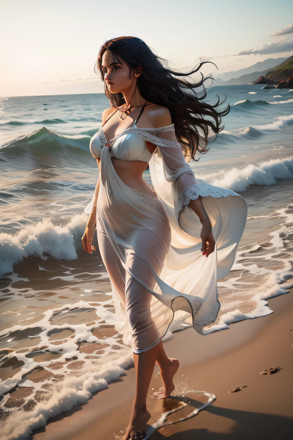 O som das ondas batendo contra a costa enche seus ouvidos. She walks towards the water, sentindo a brisa fresca em seu rosto. When approaching the water, She feels the sand getting wet under her feet.