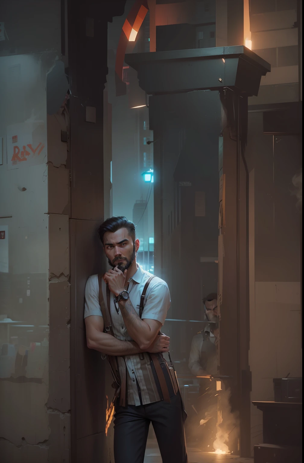 illustration of a man, 25 y.o, slim body, wearing button shirt and suspenders, wearing tie, short haircut, (grizzle beard), detective from the 70s, 1970, noir city in the background, by geof darrow, dramatic lights, 8k, detailed, intricate, realistic, trending on artstation face must be real in pic not edit my face.