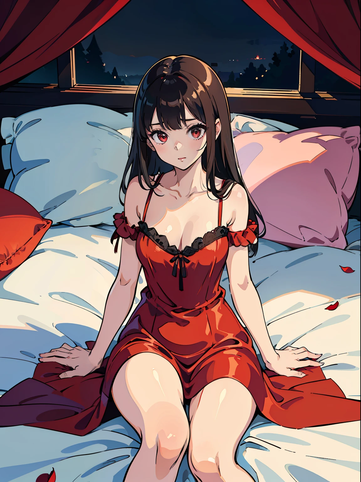 Amazing,  最好质量 , Ultra-detailed, A high resolution, Extremely detailed,Best quality ,Masterpiece, illustration, An extremely delicate and beautiful, Extremely detailed ,CG ,8K wallpaper, Amazing, finedetail, Masterpiece,Best quality,offcial art,,closeup cleavage,volumettic light,Mood lighting,((the night))，There are petals on the bed,𝓡𝓸𝓶𝓪𝓷𝓽𝓲𝓬,True light source,1girll,thighs focus,brunette color hair,((Loose red silk nightdress)),Sit on a large red bed,Red pillow，((Red silk sheets))，smallunderboob,M open legs,Bare legs,Absolute realm