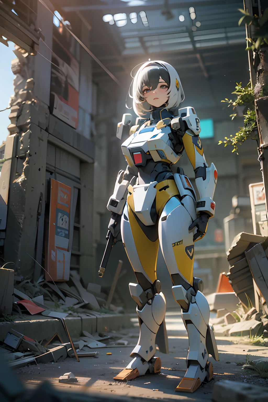 ((Best quality)), ((masterpiece)), (highly detailed:1.3), 3D,Shitu-mecha, beautiful cyberpunk women with her mecha in the ruins of city from a forgoten war, ancient technology,HDR (High Dynamic Range),Ray Tracing,NVIDIA RTX,Super-Resolution,Unreal 5,Subsurface scattering,PBR Texturing,Post-processing,Anisotropic Filtering,Depth-of-field,Maximum clarity and sharpness,Multi-layered textures,Albedo and Specular maps,Surface shading,Accurate simulation of light-material interaction,Perfect proportions,Octane Render,Two-tone lighting,Low ISO,White balance,Rule of thirds,Wide aperature,8K RAW,Efficient Sub-Pixel,sub-pixel convolution,luminescent particles,light scattering,Tyndall effect