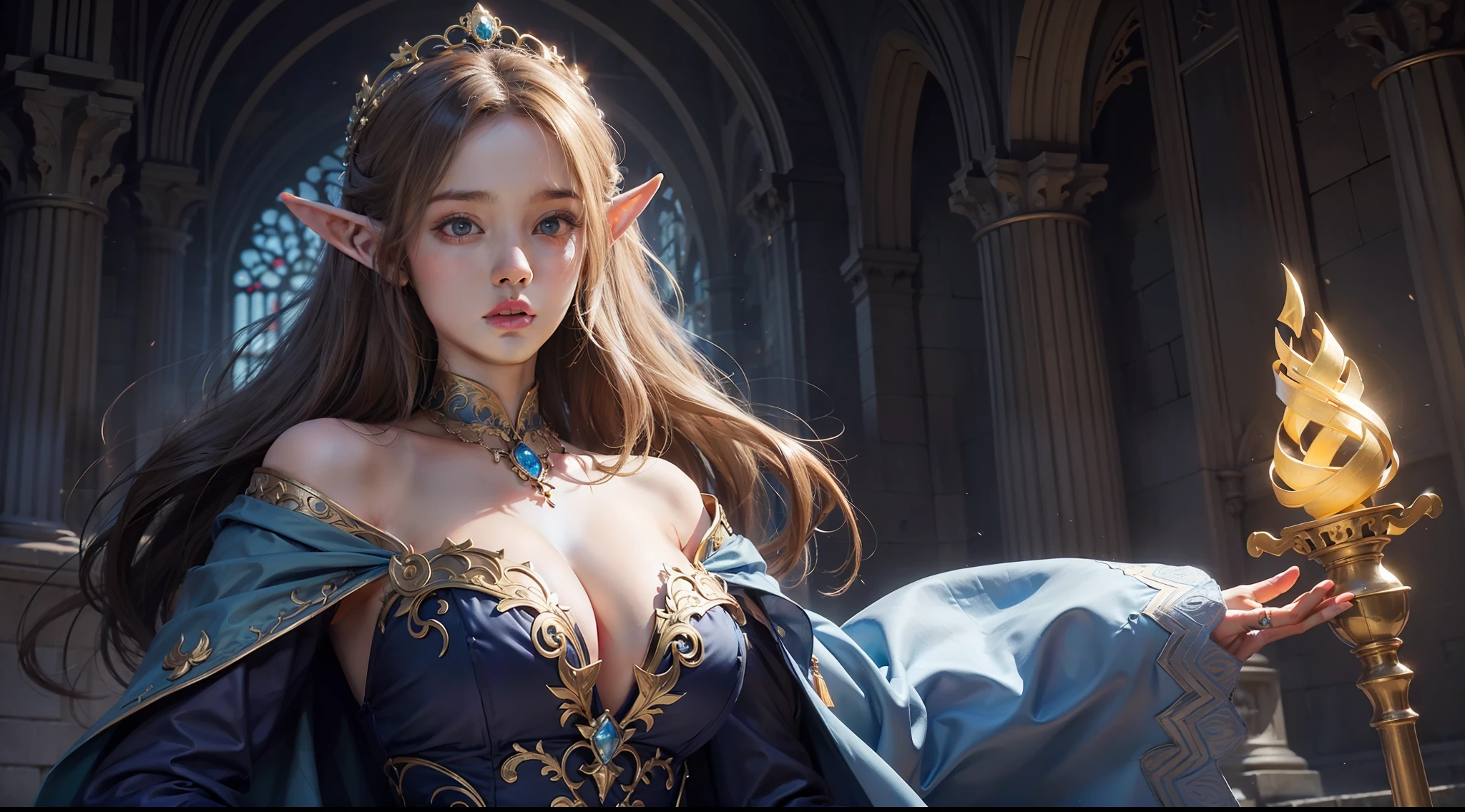 （Award-winning digital artwork：1.3） af （sketching：1.3），（with dynamism：1.3），（Saturation：1.3），（Close portrait：1.3），（femele：1.4），（big breasts beautiful： 1.4),(carismatic:1.3),Female elf，magnificent robe，Complex patterns，Perfect Detailed Eyes，The background is the castle，Large breasts，Film filter, ，dramatics，dynamicposes，illusory engine， (High detail: 1.9)，mystic symbols，（（Glowing scepter））