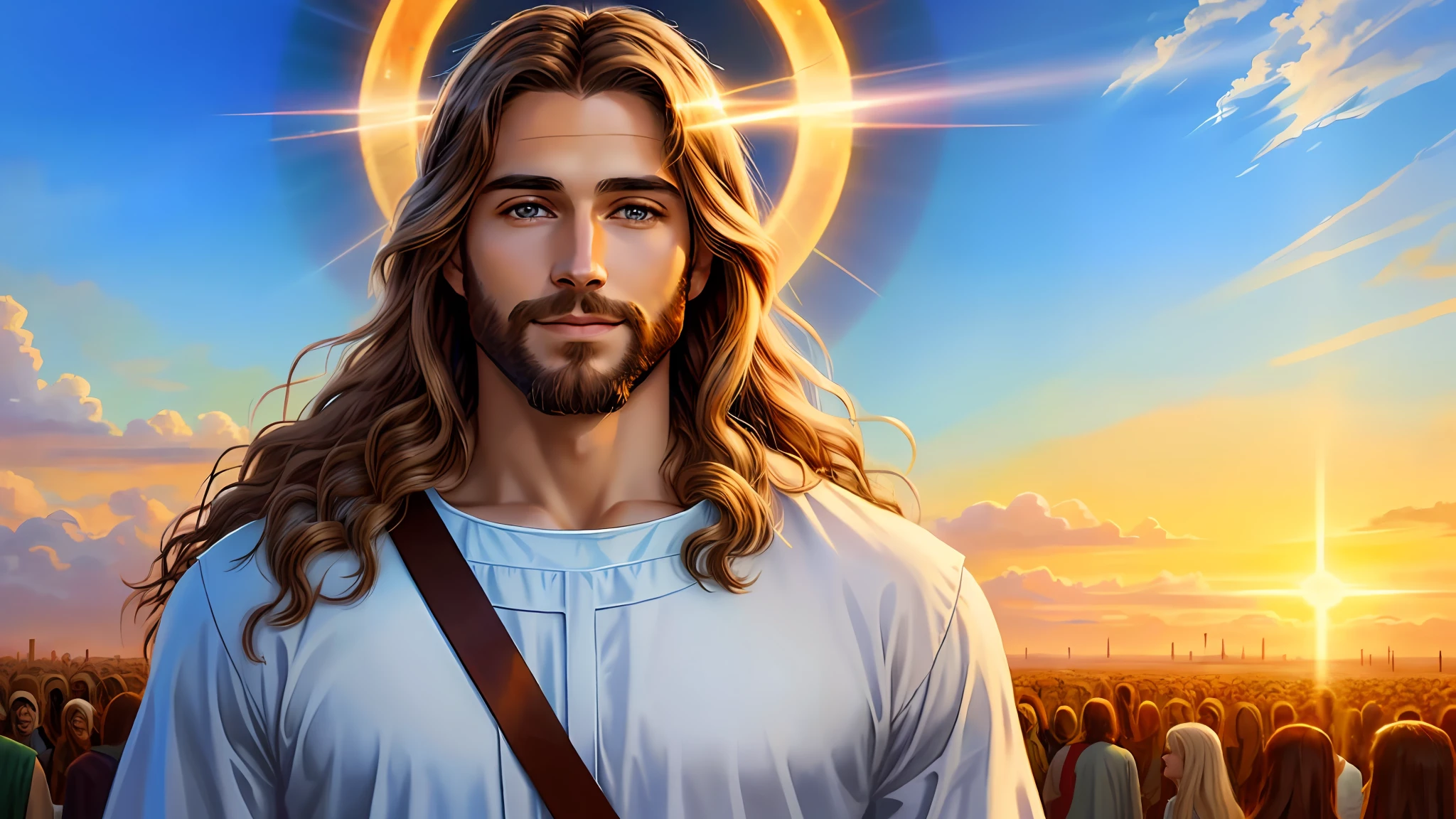 A painting of Jesus with a halo in heaven, Jesus Christ, Smiling in heaven, Portrait of Jesus Christ, Face of Jesus, Young God Almighty, Portrait of a Heavenly God, Greg Olsen, Jesus Gigachad, Jesus of Nazareth, Jesus, The face of God, God looking at me