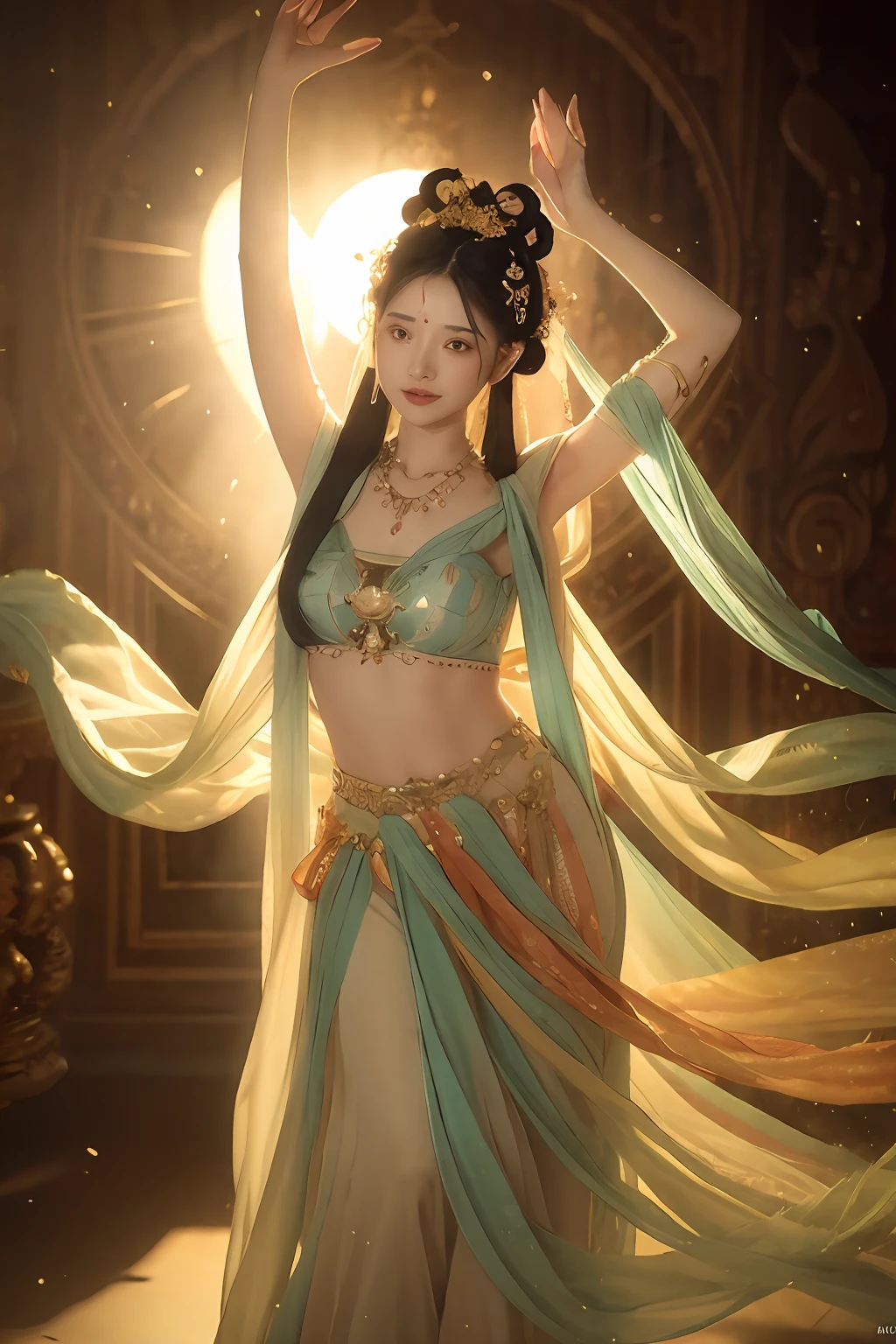 nsfw,(RAW photo, best quality),(realistic, photo-realistic:1.3),best quality,highly detailed,masterpiece,ultra-detailed,illustration,1 dancing girl,full_body,dynamic angle,world masterpiece theater,messy_long_hair,best quality,extremely detailed CG unity 8k wallpaper,ink,Amazing,cinematic lighting,lens_flare,dunhuang_style,