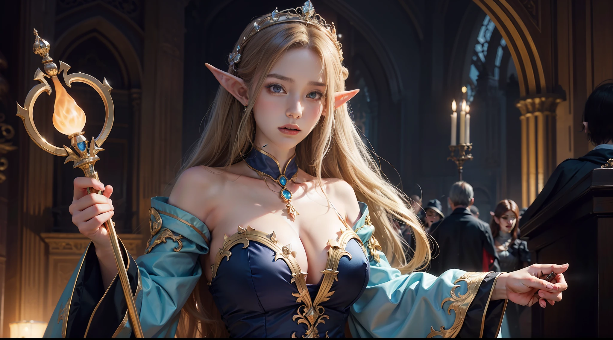 (Award-winning digital artwork:1.3) af (sketching:1.3),(with dynamism:1.3),(Saturation:1.3),(Close portrait:1.3),(femele:1.4),(big breasts beautiful: 1.4),(carismatic:1.3),Female elf,magnificent robe,Complex patterns,Perfect Detailed Eyes,The background is the castle,Large breasts,Film filter, ,dramatics,dynamicposes,illusory engine, (High detail: 1.9),mystic symbols,((Glowing scepter))