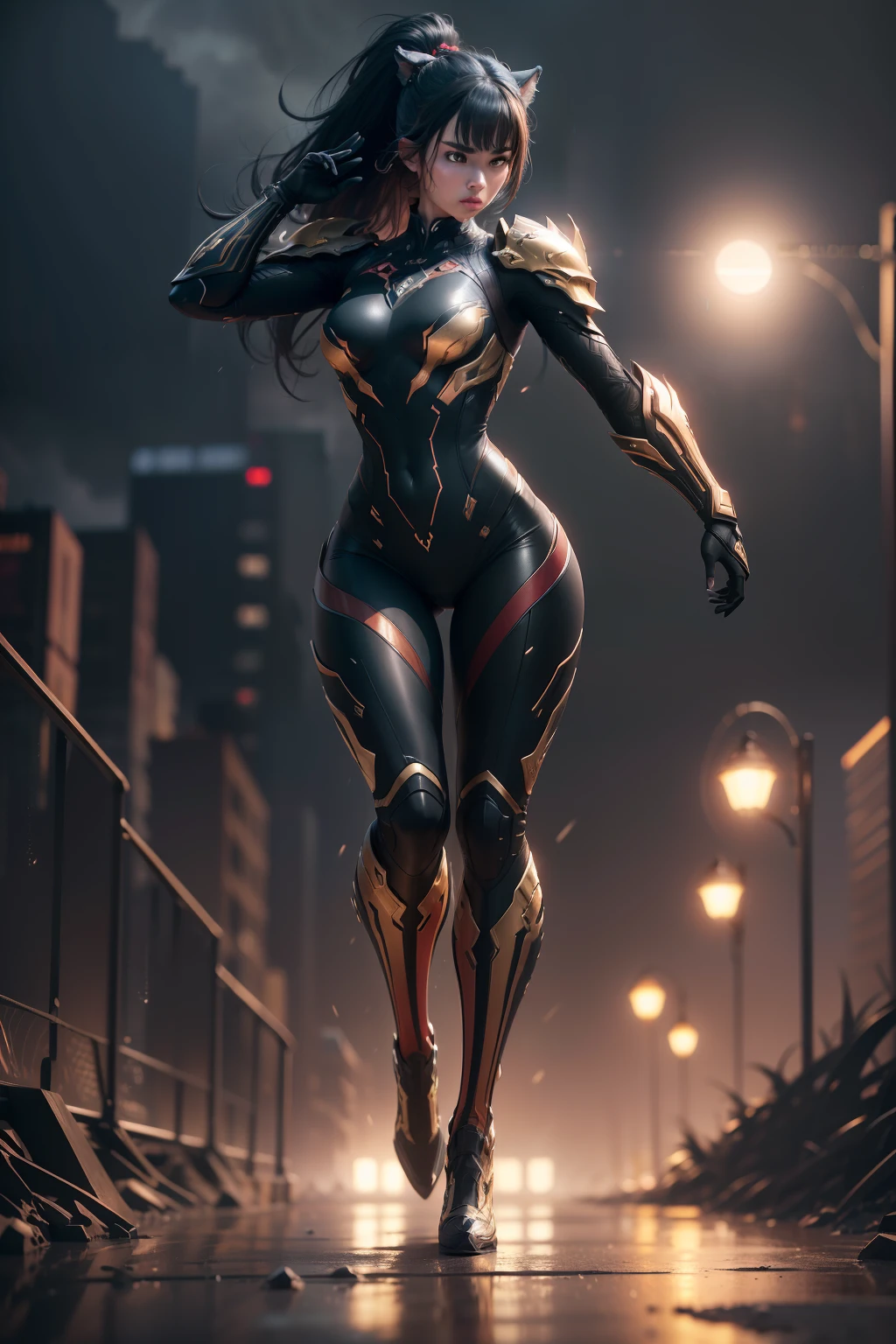 Tiger, WARFRAME, intricate pattern, energy lines, faceless, glowing eyes, elegant, intense, blood red and black uniform, solo, modern, city, streets, dark clouds, thunderstorm, heavy rain, dramatic lighting, (masterpiece:1.2), best quality, high resolution, beautiful detailed, extremely detailed, perfect lighting,(full body, (dynamic pose), action pose), (rim lighting, studio lighting, distant moon light, night, bloom), (cinematic, best quality, masterpiece, ultra HD textures, highly detailed, hyper realistic, intricate detail, 8k, photorealistic, concept art, matte painting, autodesk maya, vray render, ray tracing, hdr), (dslr, full frame, 16mm focal length, f/8 aperture, dynamic perspective, dynamic angle, golden ratio, wide photography, wide field of view, deep depth of field, zoom out)