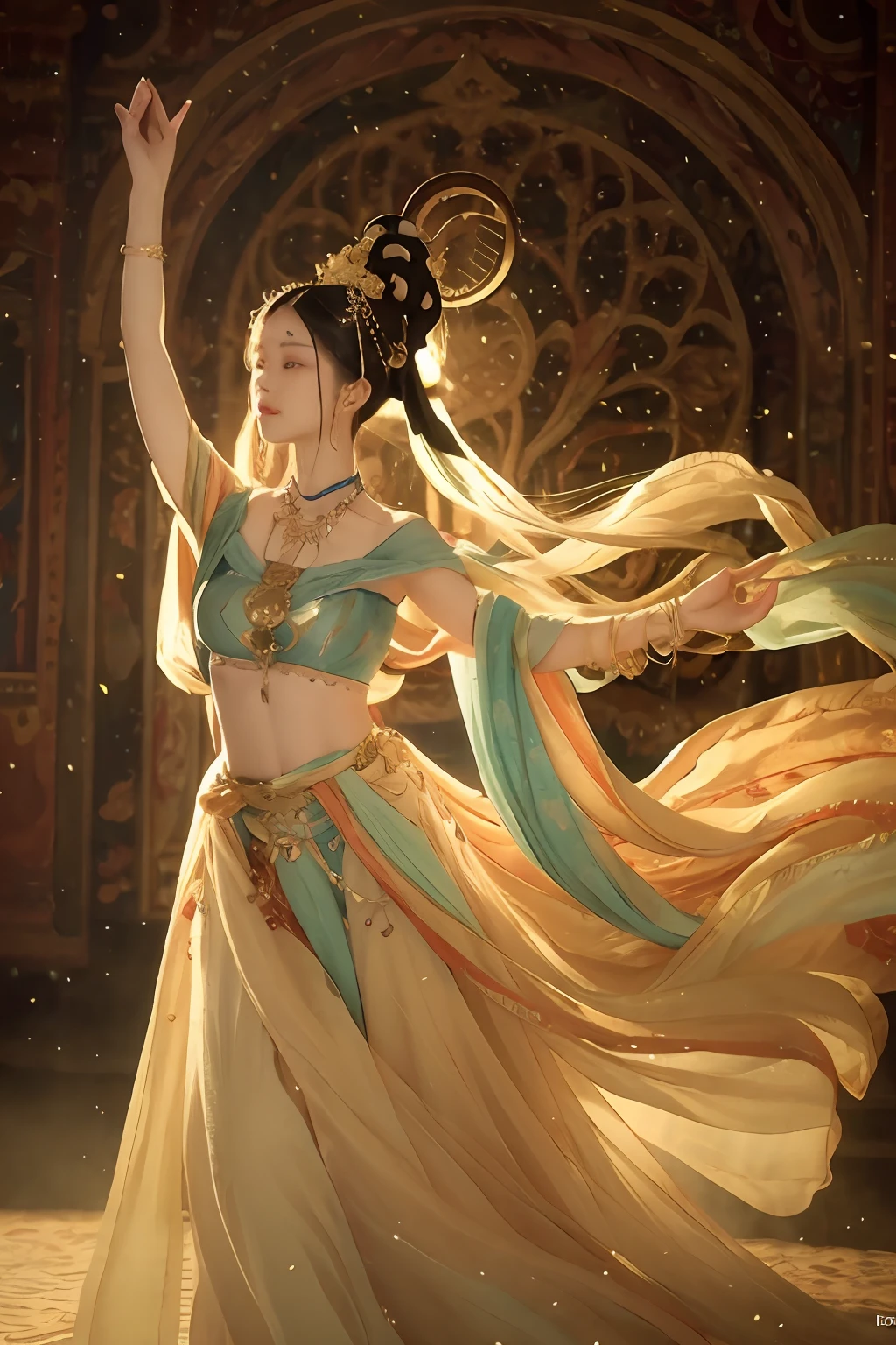 nsfw,(RAW photo, best quality),(realistic, photo-realistic:1.3),best quality,highly detailed,masterpiece,ultra-detailed,illustration,1 dancing girl,full_body,dynamic angle,world masterpiece theater,messy_long_hair,best quality,extremely detailed CG unity 8k wallpaper,ink,Amazing,cinematic lighting,lens_flare,dunhuang_style,
