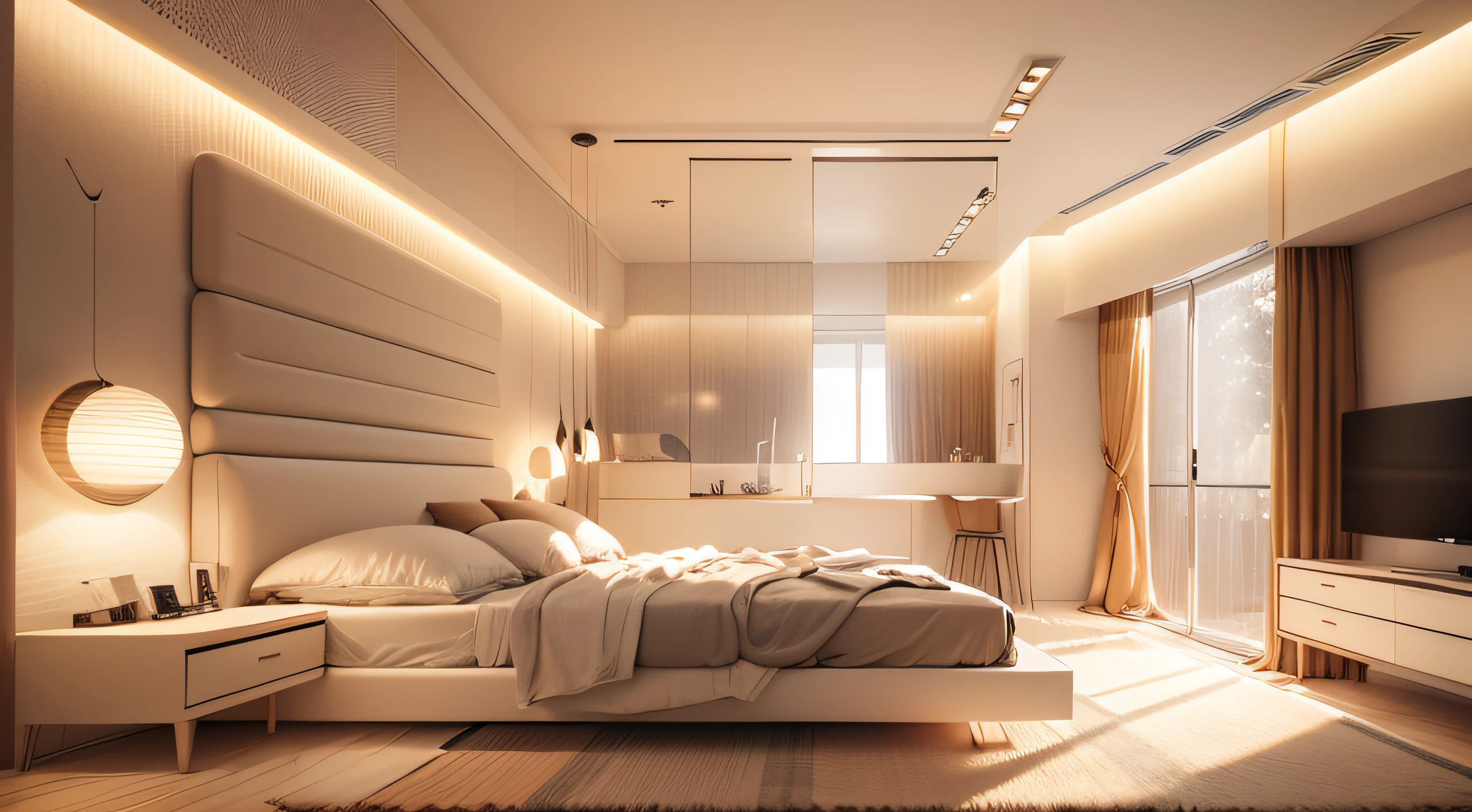 Ultra-detailed wide-area camera,Modern bedroom in cream style,(Modern bedroom:1.5),modern,Minimalist,Cream Mannerism,White theme,Beds,nightstand,Simple lines,窗帘,Soft natural light through the curtains,Interesting light and shadow,low-light