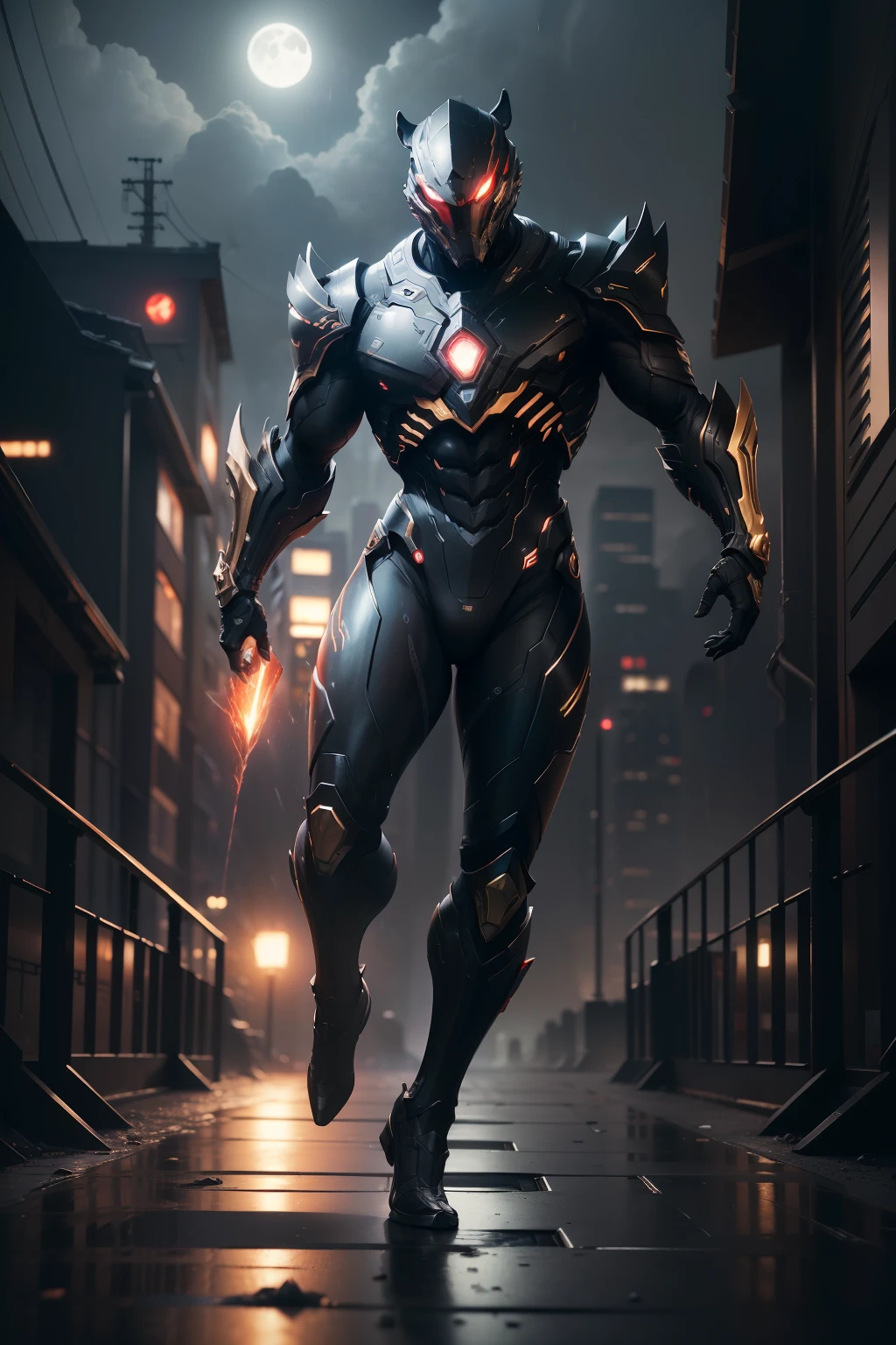 Tiger, WARFRAME, intricate pattern, energy lines, faceless, glowing eyes, elegant, intense, blood red and black uniform, solo, modern, city, streets, dark clouds, thunderstorm, heavy rain, dramatic lighting, (masterpiece:1.2), best quality, high resolution, beautiful detailed, extremely detailed, perfect lighting,(full body, (dynamic pose), action pose), (rim lighting, studio lighting, distant moon light, night, bloom), (cinematic, best quality, masterpiece, ultra HD textures, highly detailed, hyper realistic, intricate detail, 8k, photorealistic, concept art, matte painting, autodesk maya, vray render, ray tracing, hdr), (dslr, full frame, 16mm focal length, f/8 aperture, dynamic perspective, dynamic angle, golden ratio, wide photography, wide field of view, deep depth of field, zoom out)