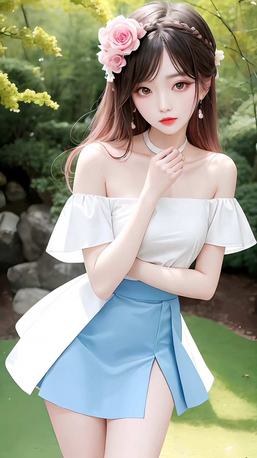 Fashion trendy beautiful and charming woman，gentle and charming Chinese beautiful woman，Korea（Kpop idol），delicate and sexy collarbones，charming oval face，二重まぶた，Ingenious[peaches]flower eyes，redish pink lips，small-nose，Breast nudity，The breasts are as white as jade，hyper HD，Hyper-detailing，The white off-the-shoulder open-chest shirt perfectly echoes the light blue miniskirt with a high slit in the middle， Standing on the ground，legs are open，Lift the skirt with your hands to expose your crotch，No panties，Show off pink cute virgin organs，Black translucent stockings，perfect bodies，Fresh and impressive