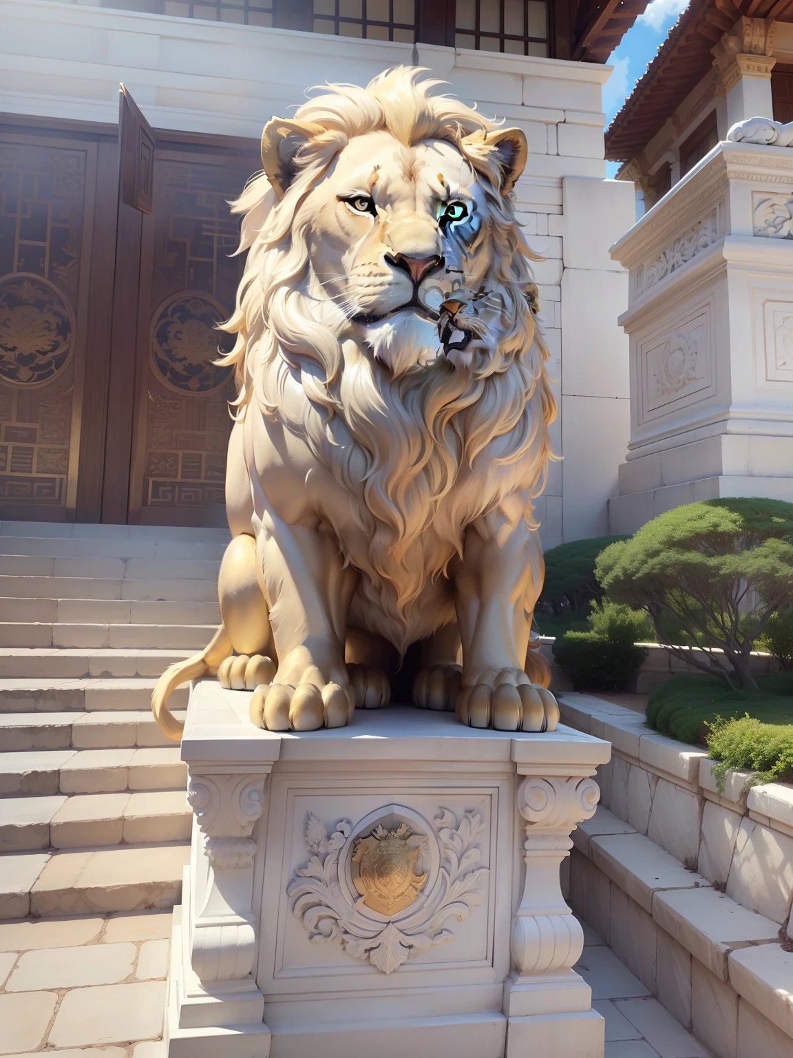 Golden Lion、Brilliant、Mysterious light、Thick mane、Majestic temperament、Golden sunshine、Ancient legends、the lion king，The background is a splendid palace，White gold texture，ellegance，noble，ferocious，Domineering