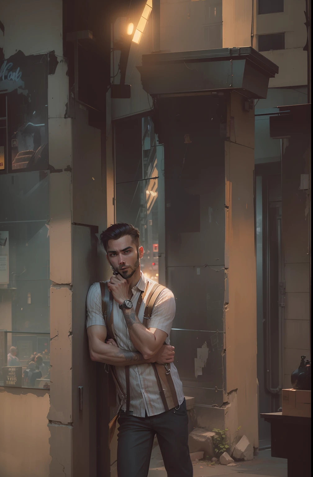 illustration of a man, 25 y.o, slim body, wearing button shirt and suspenders, wearing tie, short haircut, (grizzle beard), detective from the 70s, 1970, noir city in the background, by geof darrow, dramatic lights, 8k, detailed, intricate, realistic, trending on artstation face must be real in pic not edit my face.