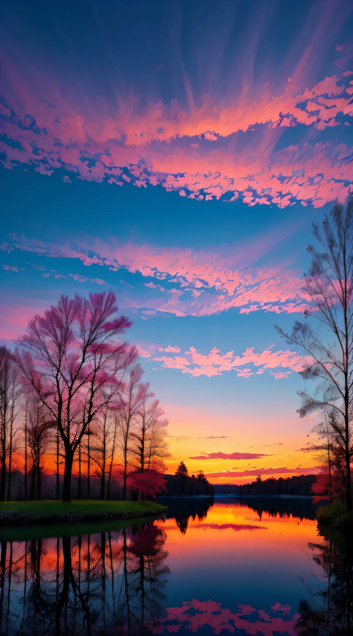 there is a beautiful sunset with a lake and trees in the background, colorful skies, surreal colors, colorful sunset, colorful sky, marvellous reflection of the sky, stunning sky, dream like atmosphere 8k, colorful clouds, colors reflecting on lake, surreal sky, red and blue reflections, fire reflection, beautiful sky, beautiful and spectacular dusk, beautiful dreamy landscape, amazing sky