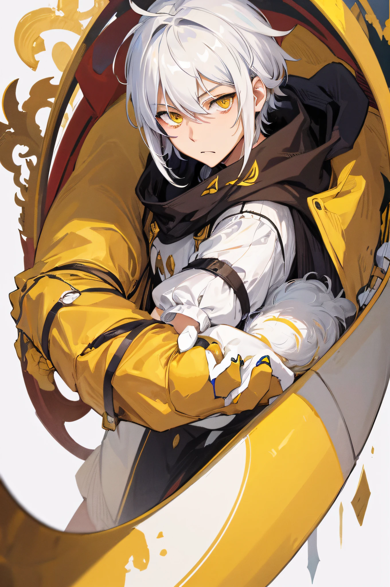man with short and white hair, yellow eyes