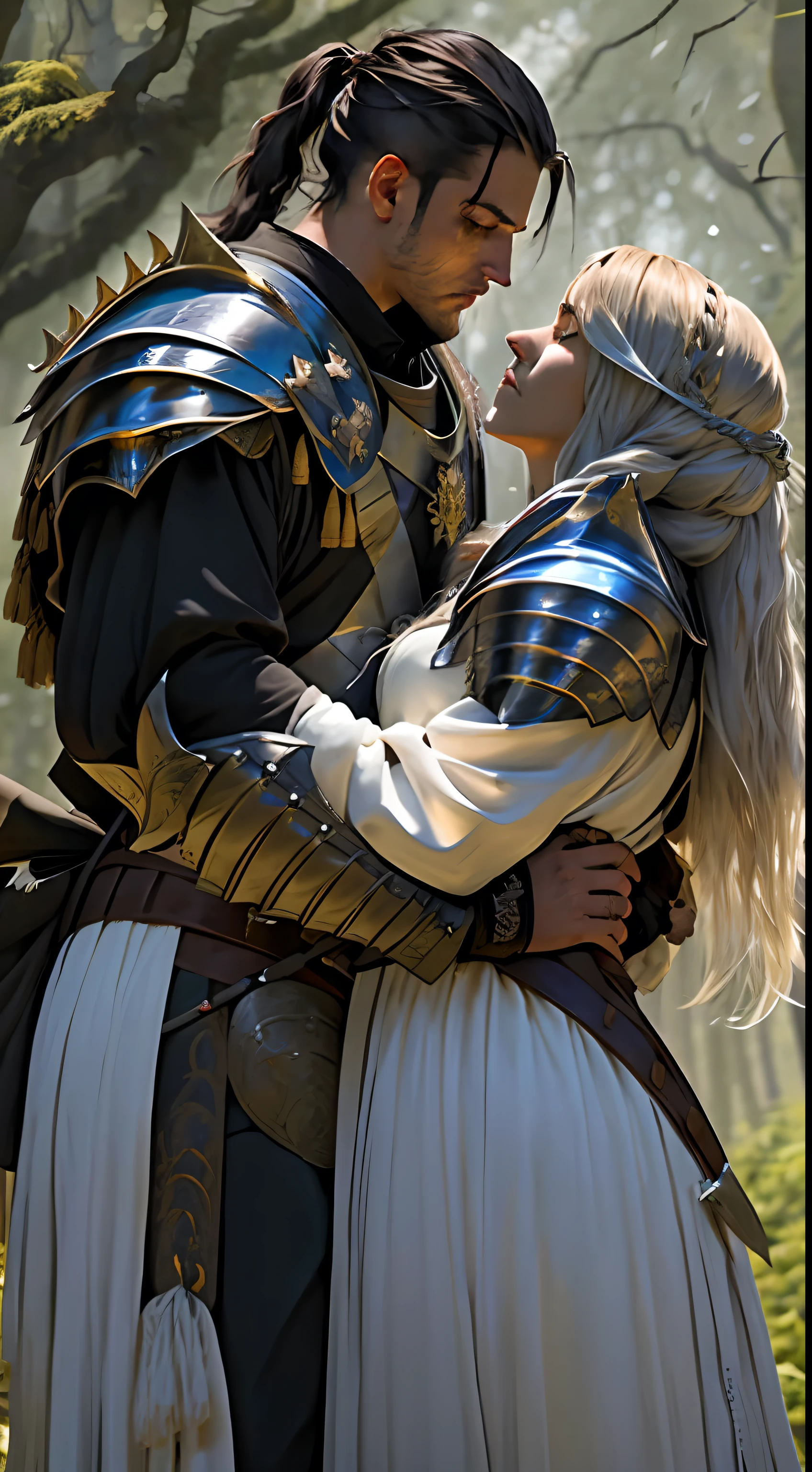 Sure! Here's a description of a picture of medieval warriors:

**Title: Clash of the Knights**

This captivating artwork depicts a fierce and gripping battle scene from the Middle Ages. The image transports you back in time to an era of chivalry, honor, and heroic knights. In the forefront, two formidable armored knights engage in a ferocious duel, swords clashing with thunderous force. With their visors down, their expressions remain hidden, adding an air of mystery and intensity to the scene.

The armor worn by these warriors showcases the craftsmanship and attention to detail typical of the Middle Ages. Gleaming suits of armor cover their bodies, providing protection and reflecting the glimmers of sunlight that filter through the dense forest in the background. Each knight bears the heraldry of their noble families emblazoned on their shields, displaying their loyalty and identity.

Around the central figures, a battlefield unfolds, depicting a chaotic clash between knights on horseback and foot soldiers. The knights' chargers gallop with unwavering strength, their muscular bodies and flowing manes adding a sense of power and elegance to the overall scene.

The landscape surrounding the battle is vibrant and lush. Ancient trees tower overhead, their branches reaching out like protective guardians. In the distance, a medieval castle stands majestically on a hill, a symbol of power and authority.

The artist masterfully plays with light and shadow, creating an atmosphere of dramatic tension. Rays of sunlight break through the canopy above, casting dappled shadows that dance upon the fighters' armor and weaponry. Smoke rises from the weapons, adding an eerie aura to the scene.

As you gaze at this captivating artwork, you are transported to a bygone era, where knights gallantly fought for honor, glory, and the pursuit of their noble causes.