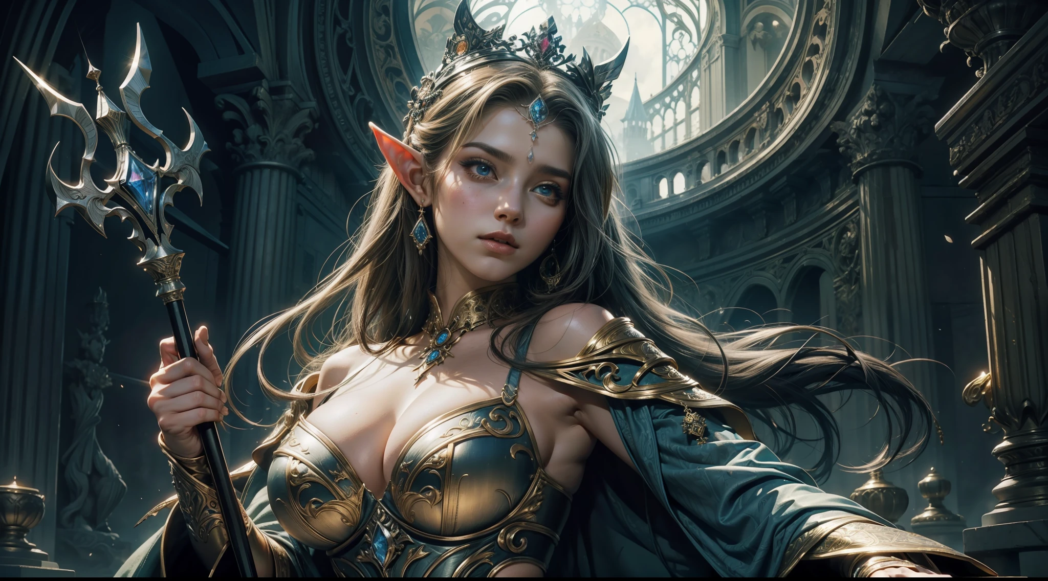（Award-winning digital artwork：1.3） af （sketching：1.3），（with dynamism：1.3），（Saturation：1.3），（Close portrait：1.3），（femele：1.4），（big breasts beautiful： 1.4),(carismatic:1.3),Female elf，magnificent robe，Complex patterns，Perfect Detailed Eyes，The background is the castle，Large breasts，Film filter, ，dramatics，dynamicposes，illusory engine， (High detail: 1.9)，mystic symbols，（（Glowing scepter））