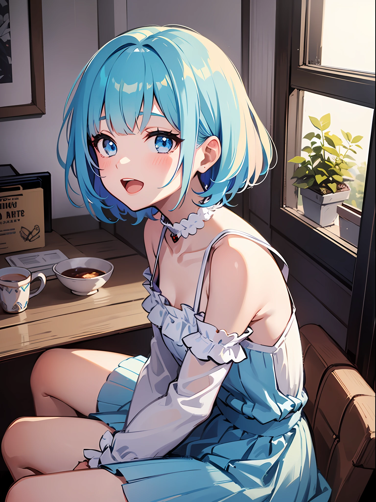 (masterpiece:1.3), (best quality:1.3), high resolution,
couboy shot,
leaning forward, sitting, body facing forward, (In the box:1.3),
(one cute girl:1.3), solo,
white skin, small Breast, eight-headed person,
light blue hair, (bobbed hair:1.2), (short hair:1.1), (blunt bangs:1.2), beautiful hair, blue eyes, beautiful detailed eyes,
blush, open mouth, heart, cheerful smile,
short dress, frill, white and blue clothes, miniskirt,
(white background:1.2),
shadowlighting,