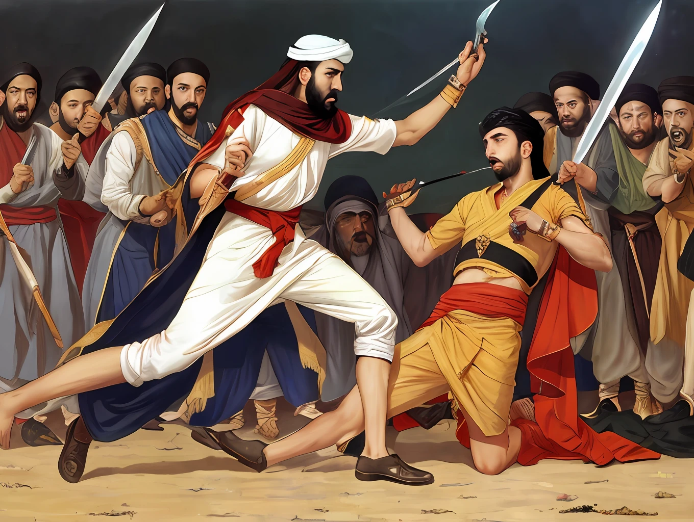 The moment of martyrdom of Hussain bin Ali under the hands of Shamar while putting a dagger on his throat and trying to cut off his head.