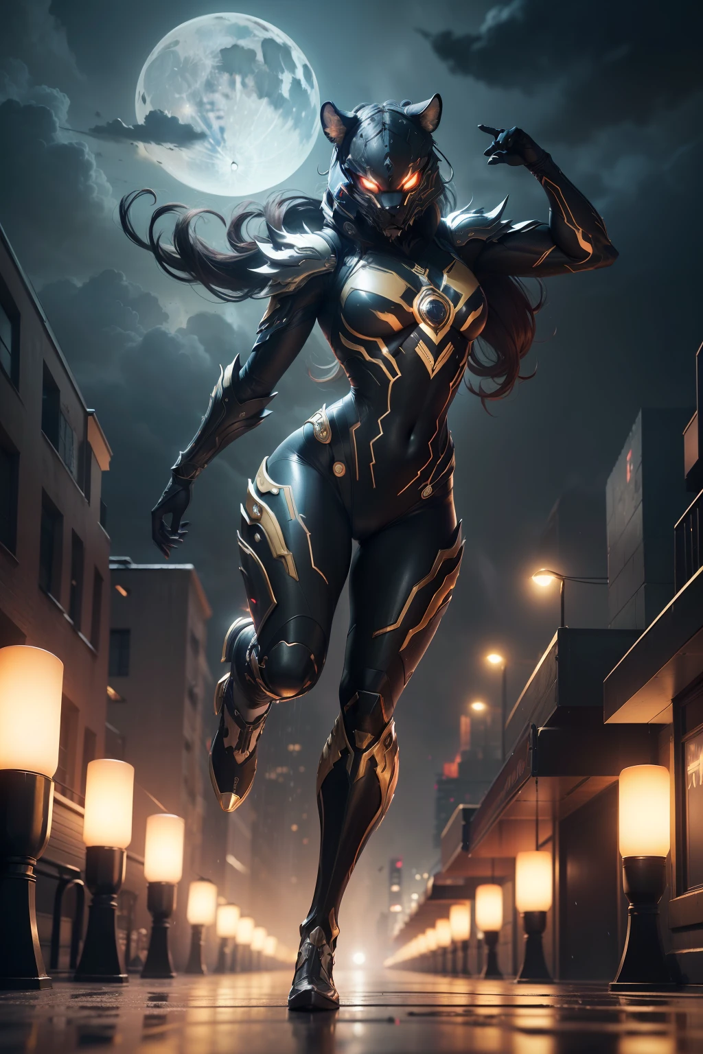 1 Tiger, beast, animal, WARFRAME, intricate pattern, energy lines, faceless, glowing eyes, elegant, intense, blood red and black uniform, solo, modern, city, streets, dark clouds, thunderstorm, heavy rain, dramatic lighting, (masterpiece:1.2), best quality, high resolution, beautiful detailed, extremely detailed, perfect lighting,(full body, (dynamic pose), action pose), (rim lighting, studio lighting, distant moon light, night, bloom), (cinematic, best quality, masterpiece, ultra HD textures, highly detailed, hyper realistic, intricate detail, 8k, photorealistic, concept art, matte painting, autodesk maya, vray render, ray tracing, hdr), (dslr, full frame, 16mm focal length, f/8 aperture, dynamic perspective, dynamic angle, golden ratio, wide photography, wide field of view, deep depth of field, zoom out)
